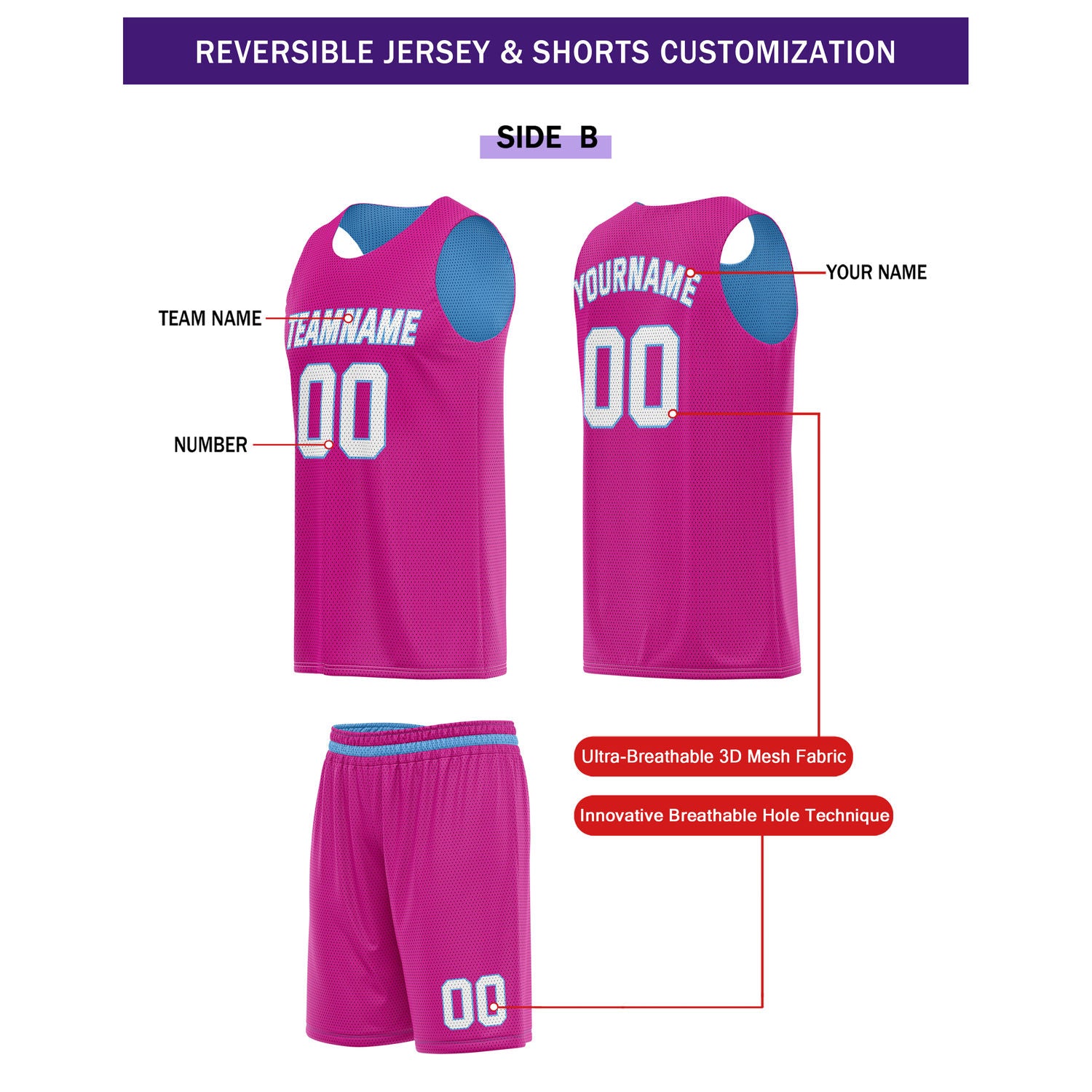 Custom Reversible Light Blue Pink Basketball Uniform Set | Team Name & Number - Vosoli