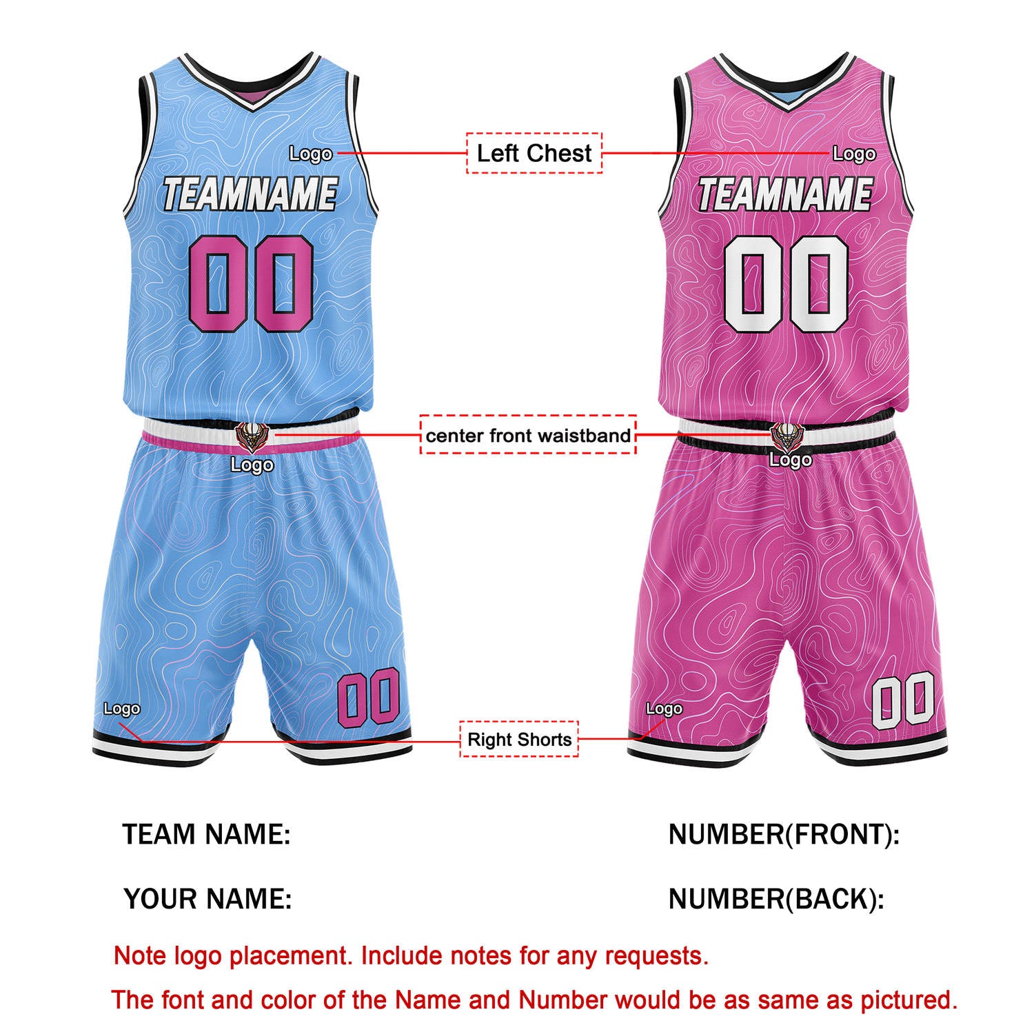 Custom Reversible Light Blue & Pink Wave Basketball Jersey Set - Personalized Team Name, Number & LOGO | Vosoli