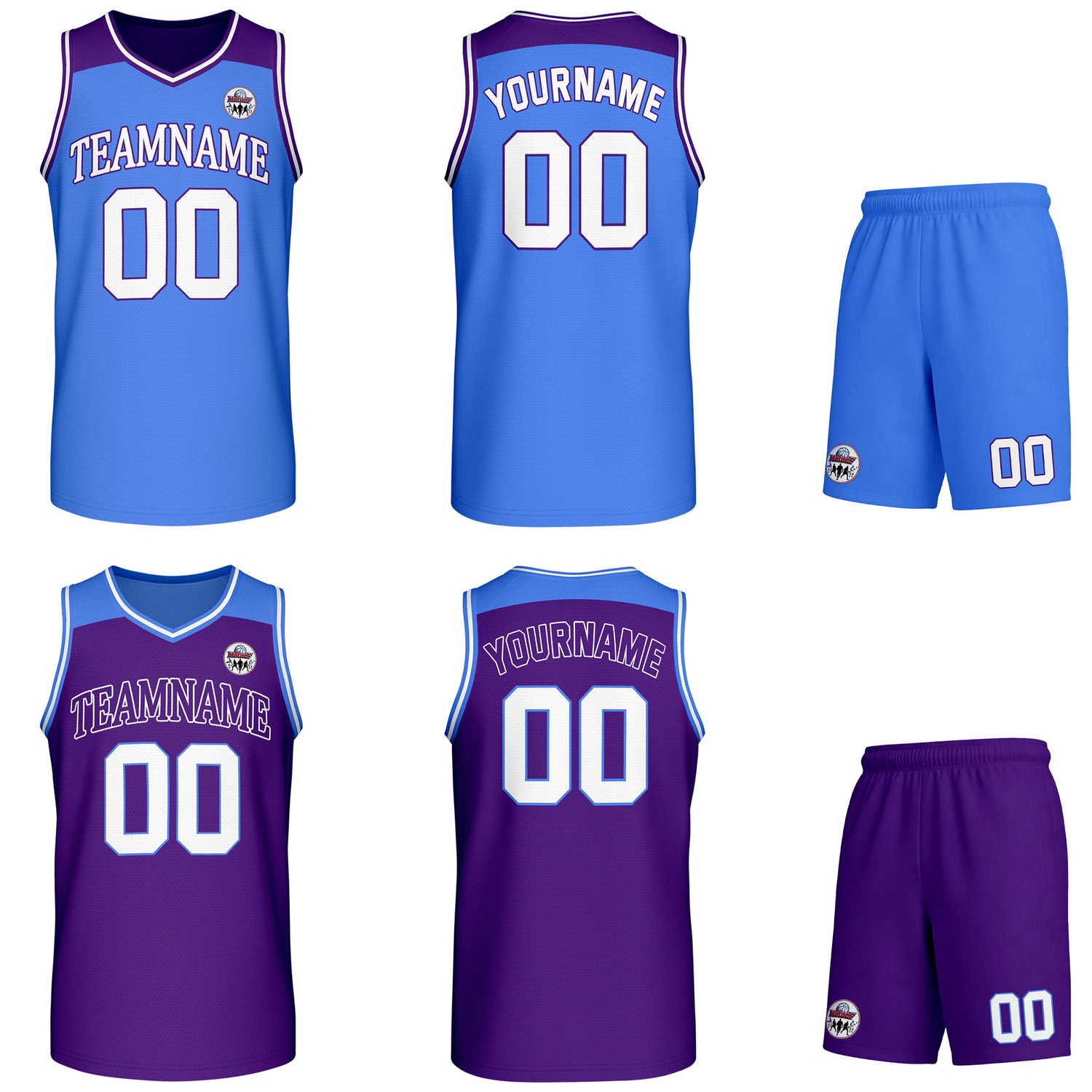 Custom reversible blue & purple basketball uniform set, personalized with team name number and logo, breathable mesh fabric for men women youth game practice - Vosoli