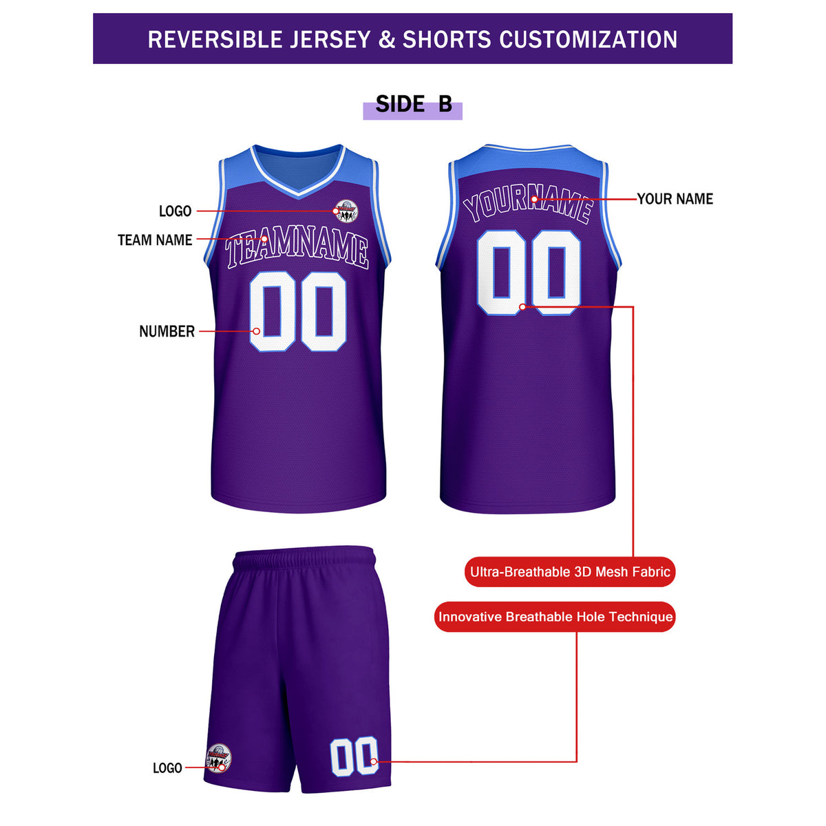 Custom Reversible Light Blue Purple Basketball Uniform Set | Team Name & Number - Vosoli