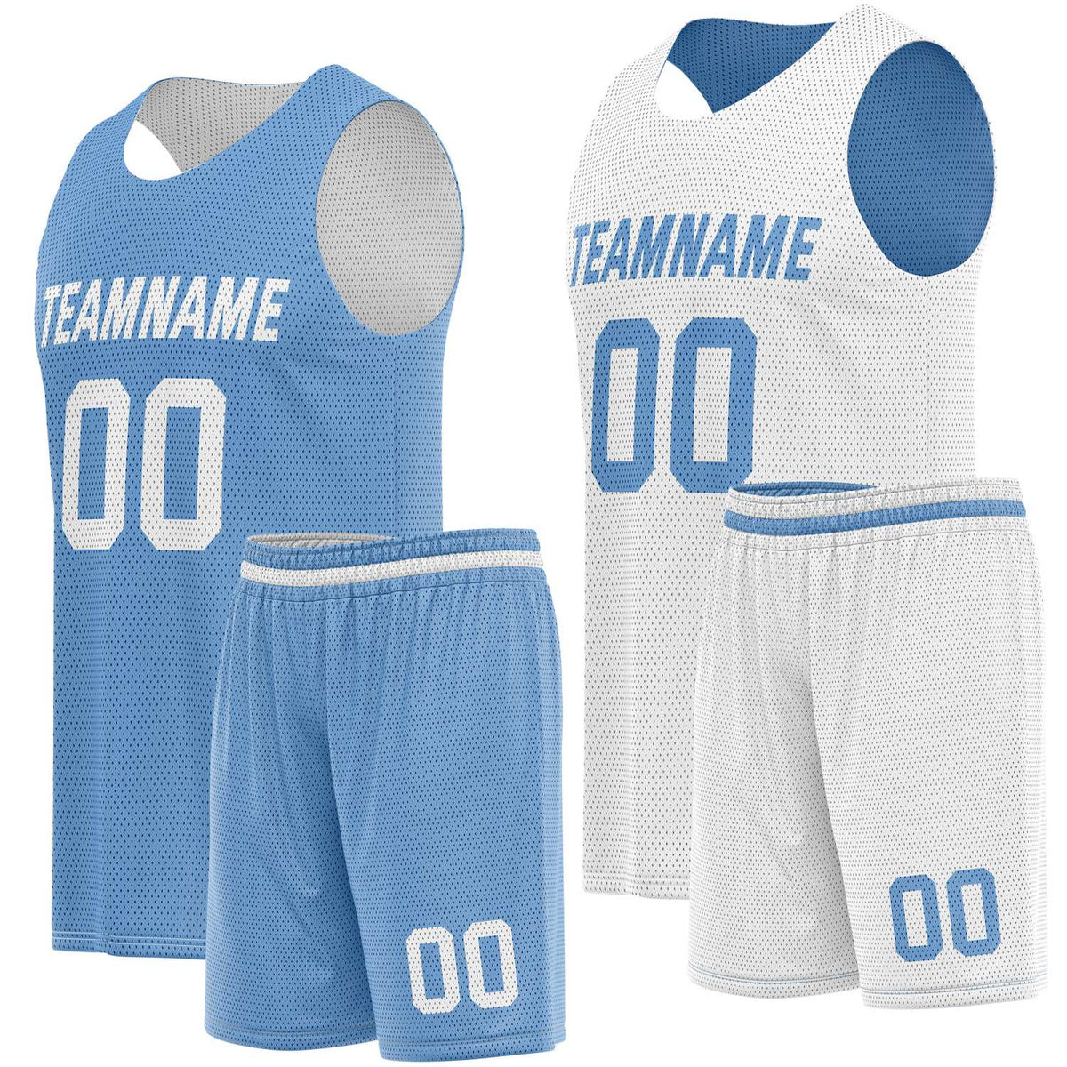 Custom Reversible Light Blue White Basketball Jersey Shorts Set, Personalized Team Name Number, Breathable Mesh Uniform for Men Women Youth