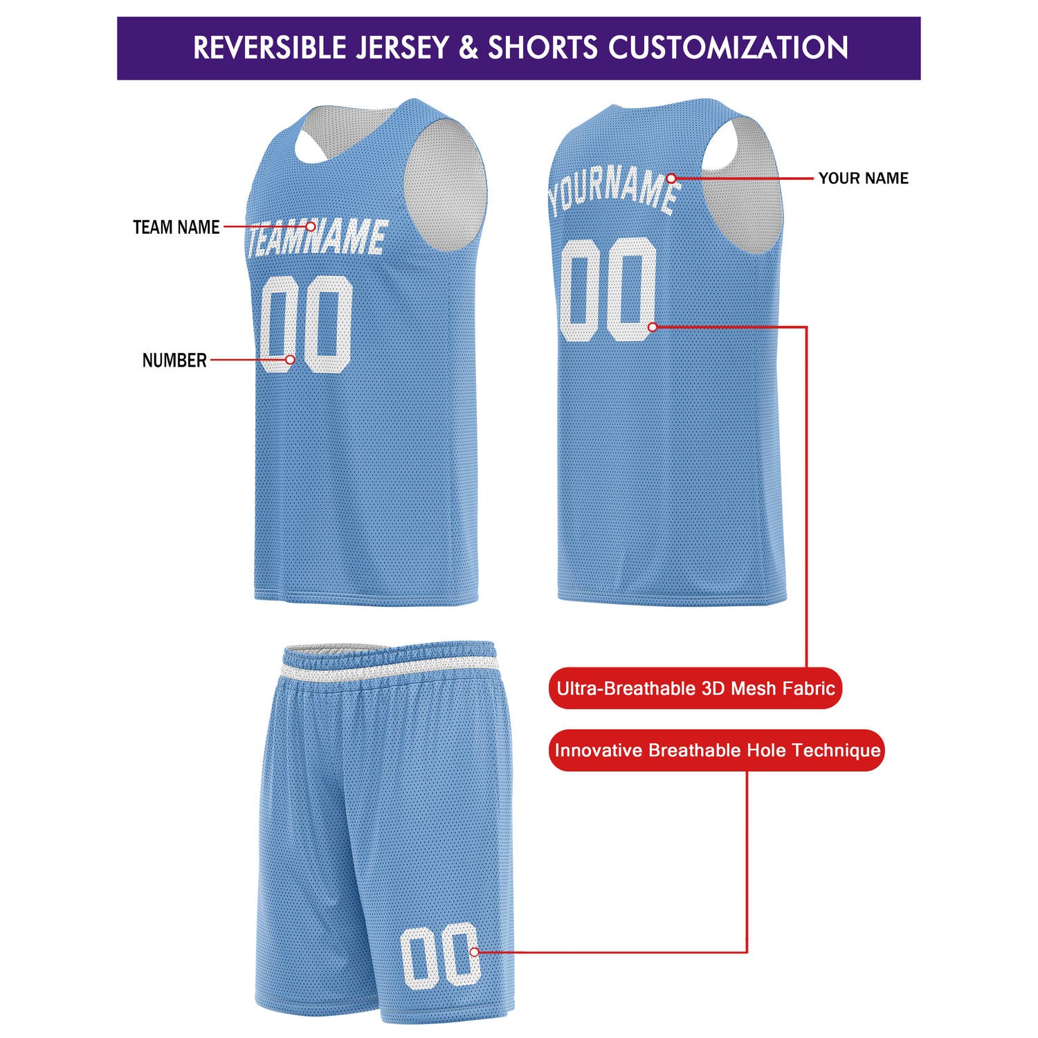 Custom Reversible Light Blue White Basketball Jersey Shorts Set, Personalized Team Name Number, Breathable Mesh Uniform for Men Women Youth
