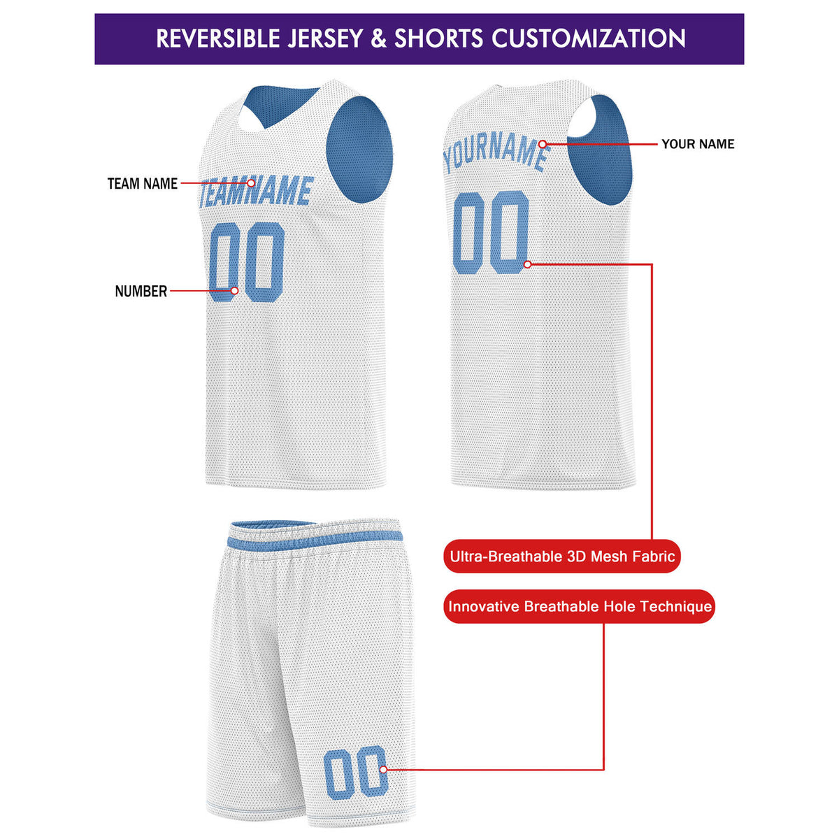 Custom Reversible Light Blue White Basketball Jersey & Shorts Set | Personalized Team Kit | Vosoli