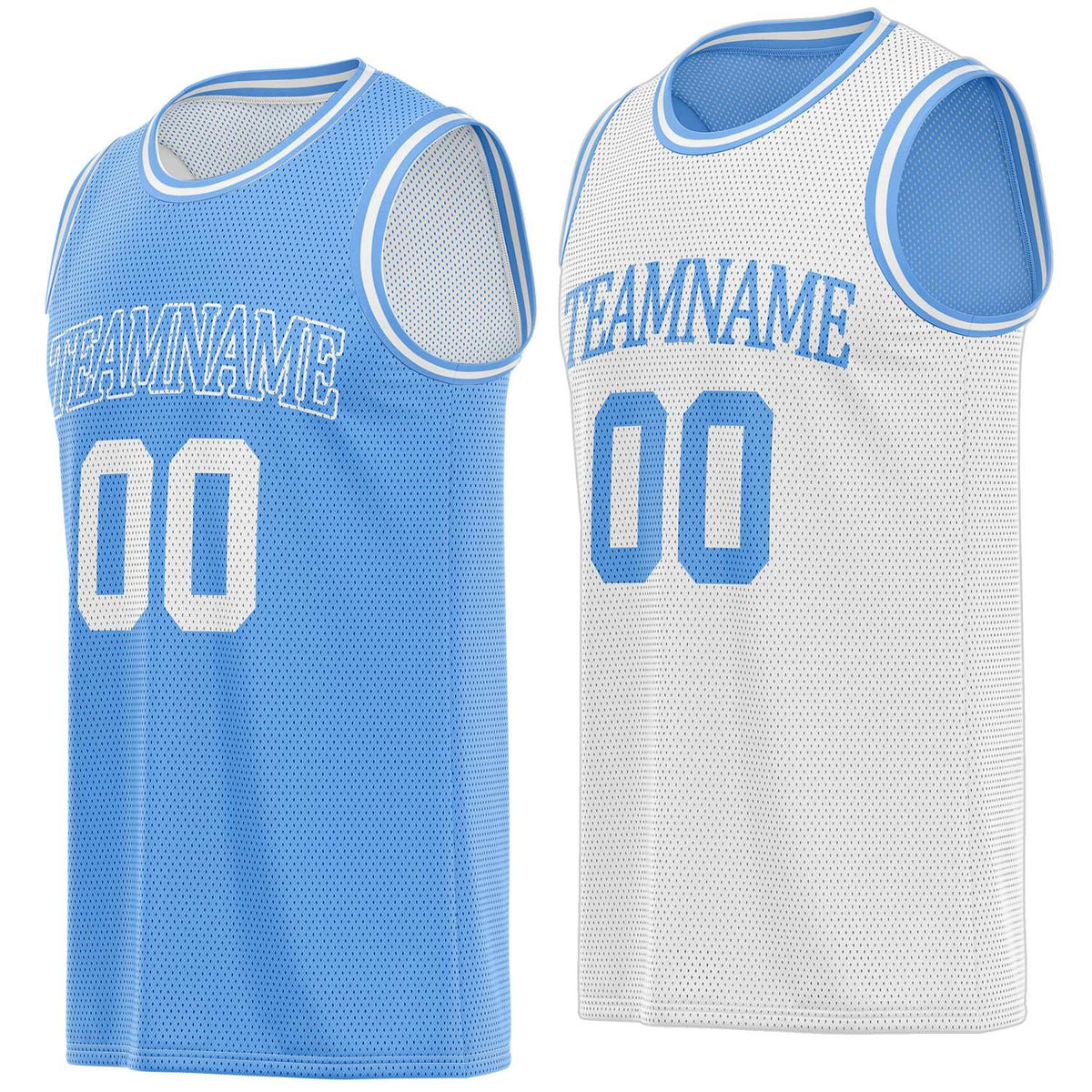 Custom reversible light blue &amp; white basketball jersey, personalized team name number logo breathable mesh sports top for men women youth game practice - Vosoli