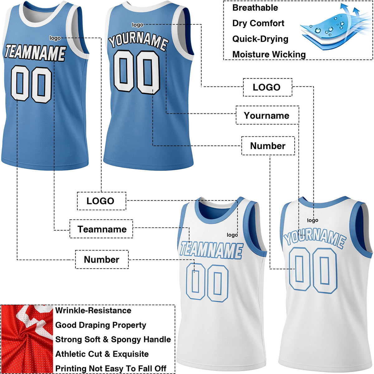 Custom Reversible Light Blue & White Basketball Jersey | Personalized Team Jersey | Vosoli