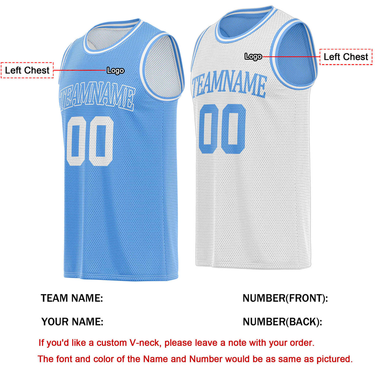 Custom Reversible Light Blue & White Basketball Jersey | Personalized Team Name & Number - Vosoli