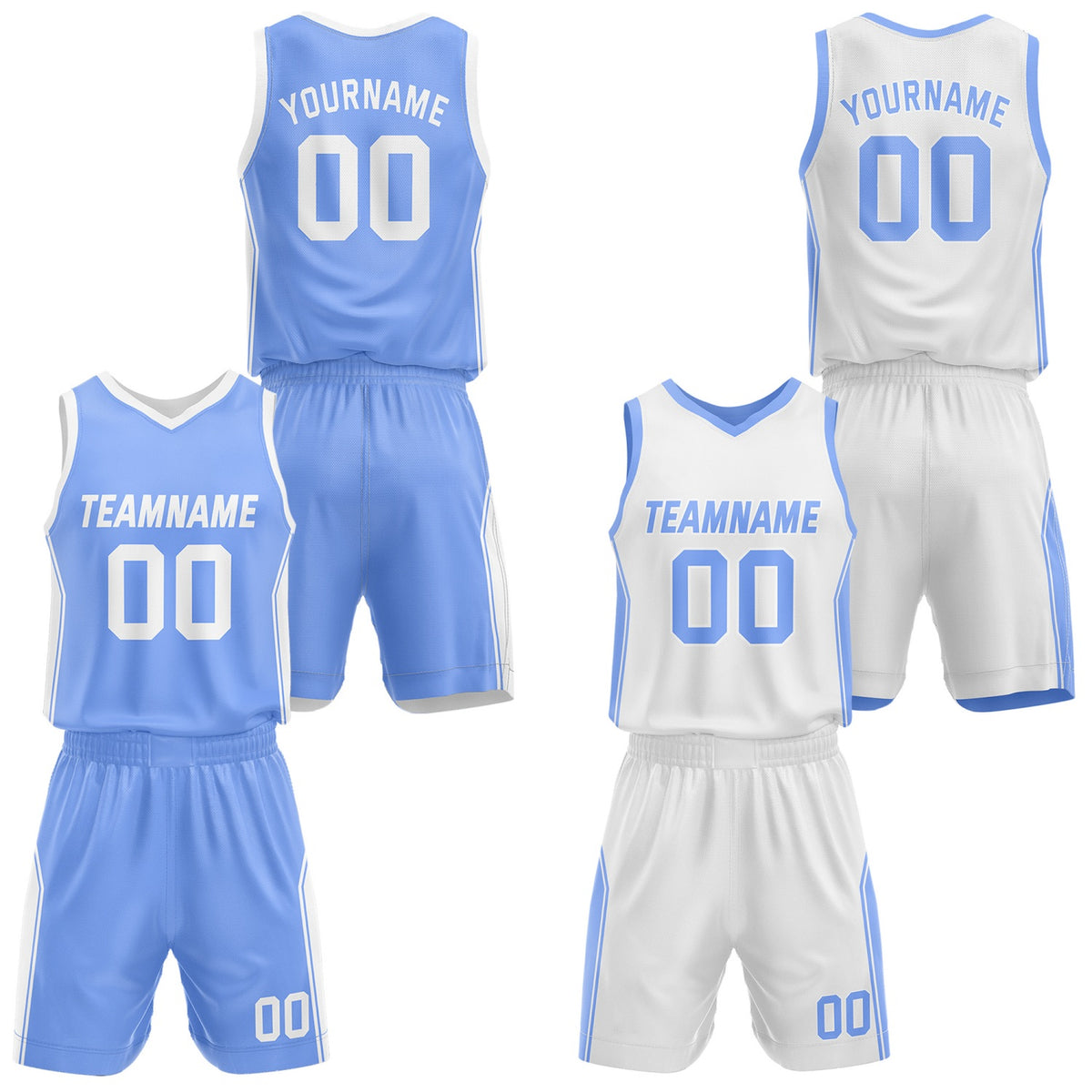 Custom Reversible Light Blue White Basketball Jersey and Shorts Set, Personalized Team Name Number Breathable Mesh Uniform for Men Women Youth