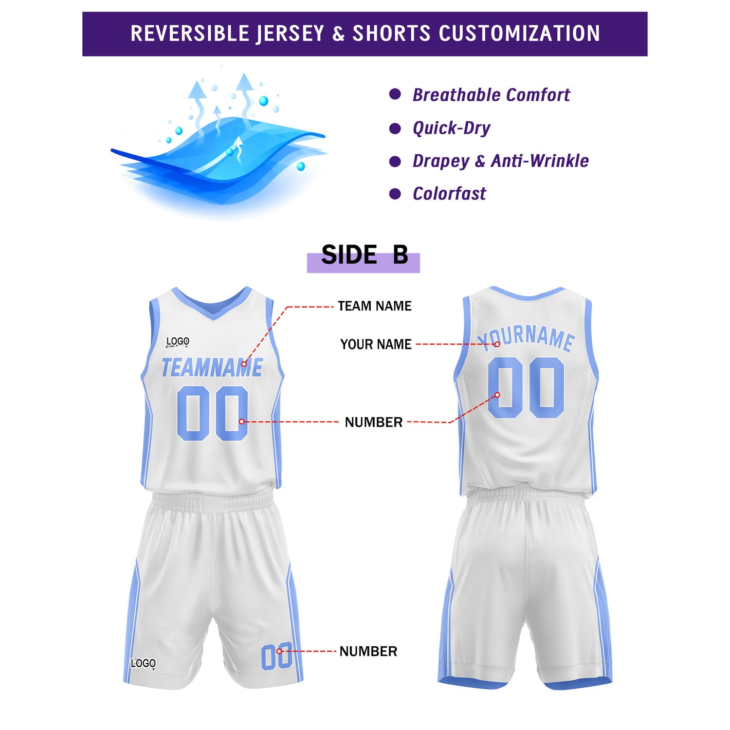 Custom Reversible Light Blue White Basketball Jersey and Shorts Set, Personalized Team Name Number Breathable Mesh Uniform for Men Women Youth
