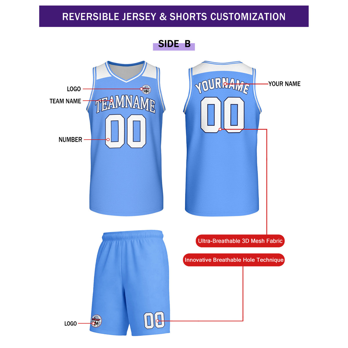 Custom Reversible Light Blue White Basketball Uniform Set | Team Name & Number - Vosoli