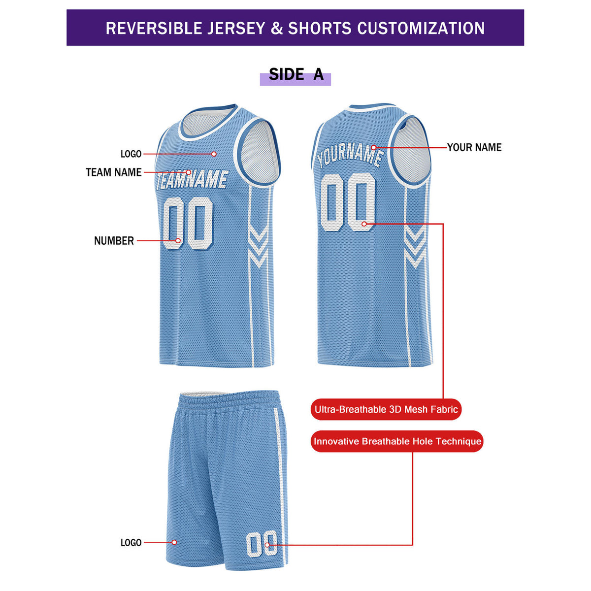 Custom Reversible Light Blue White Basketball Uniform Set | Team Name & Number - Vosoli