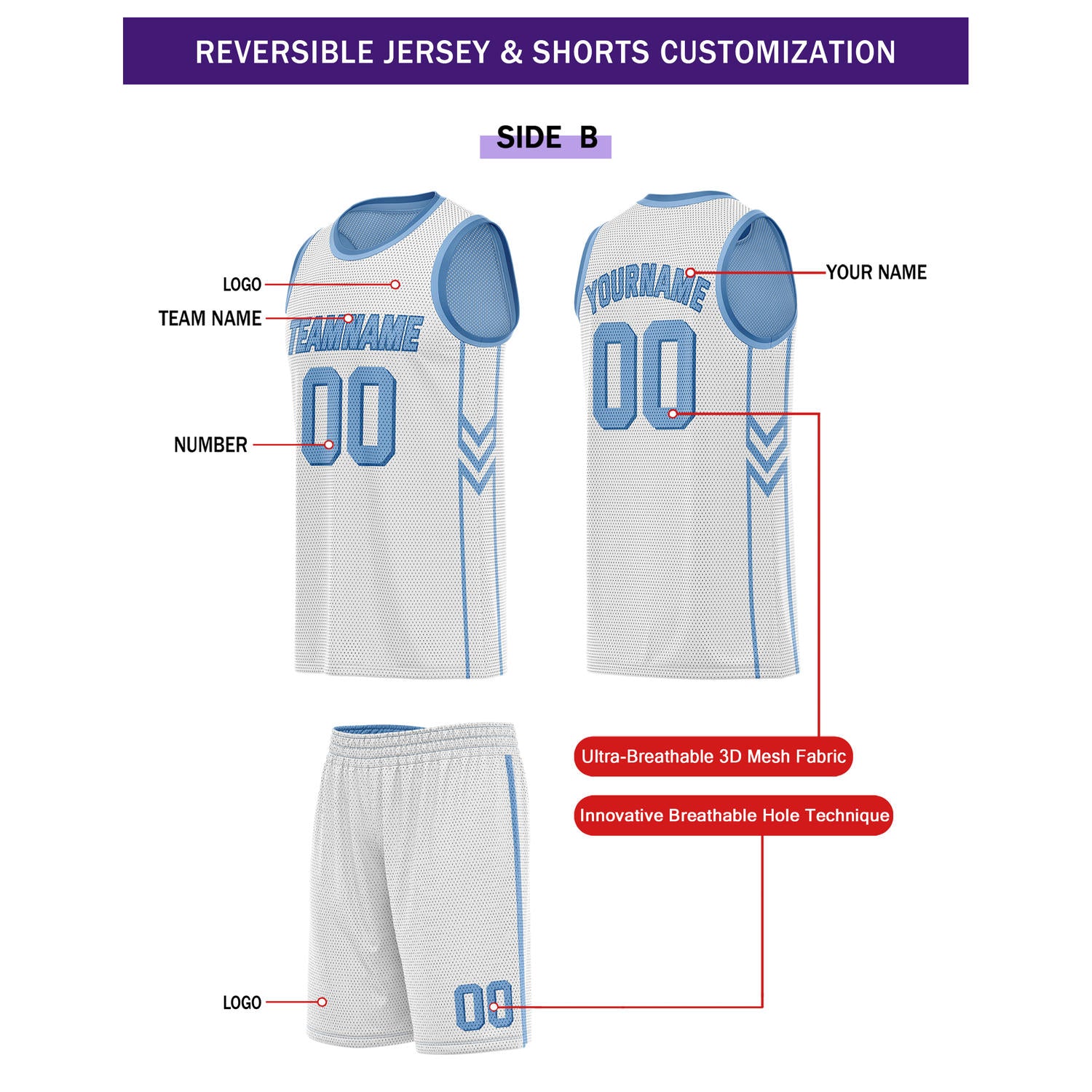 Custom Reversible Light Blue White Basketball Uniform Set | Team Name & Number - Vosoli