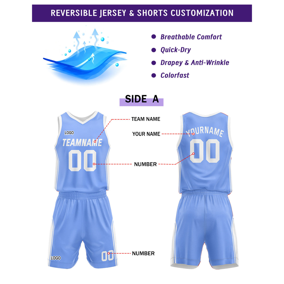 Custom Reversible Light Blue White Basketball Uniform Set | Personalized Name & Number - Vosoli