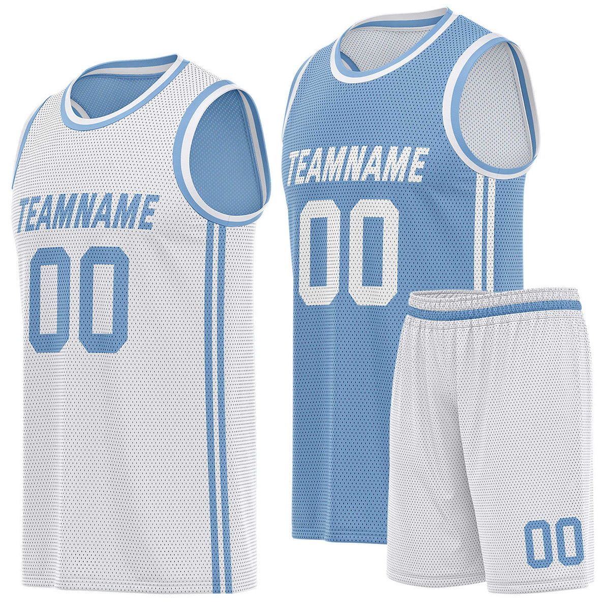 Custom reversible white &amp; light blue basketball uniform (jersey + shorts), personalized team name number logo breathable mesh sports set for men women youth game practice - Vosoli