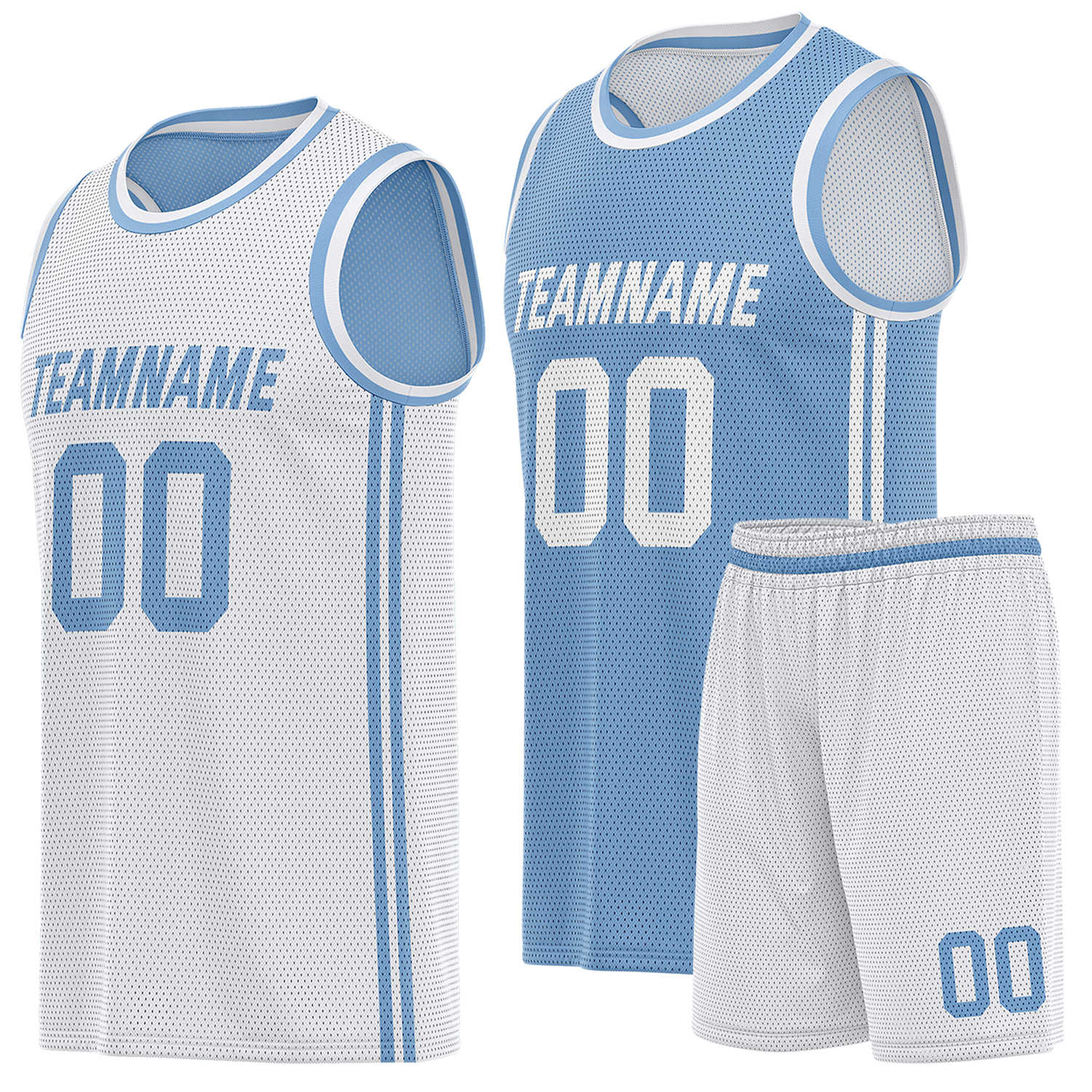 Custom reversible white & light blue basketball uniform (jersey + shorts), personalized team name number logo breathable mesh sports set for men women youth game practice - Vosoli