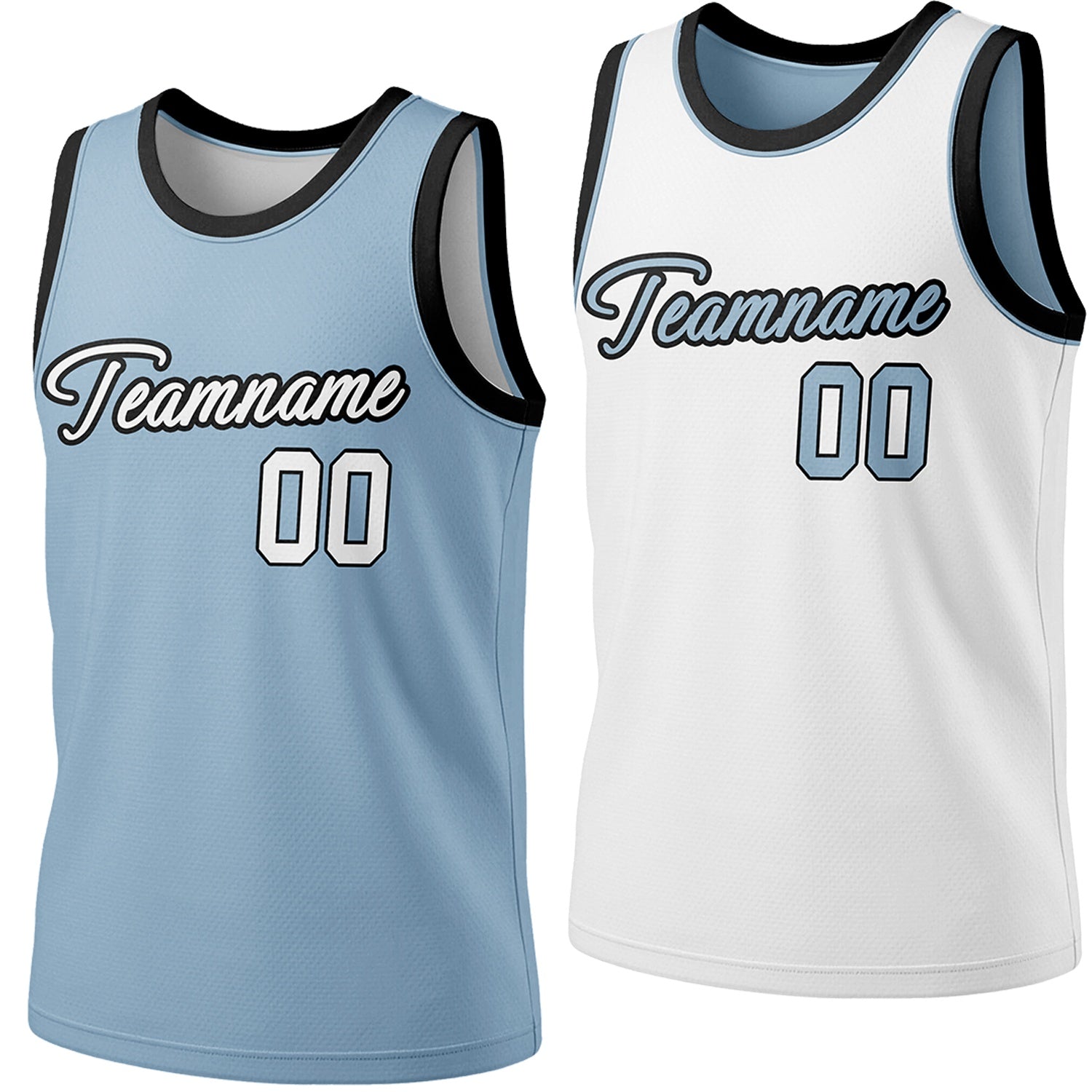 Custom reversible light blue & white basketball jersey, personalized script team name number Logo breathable sports top for men women youth Adult game practice - Vosoli