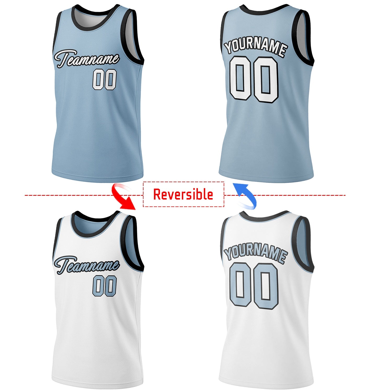Custom reversible light blue & white basketball jersey, personalized script team name number Logo breathable sports top for men women youth Adult game practice - Vosoli