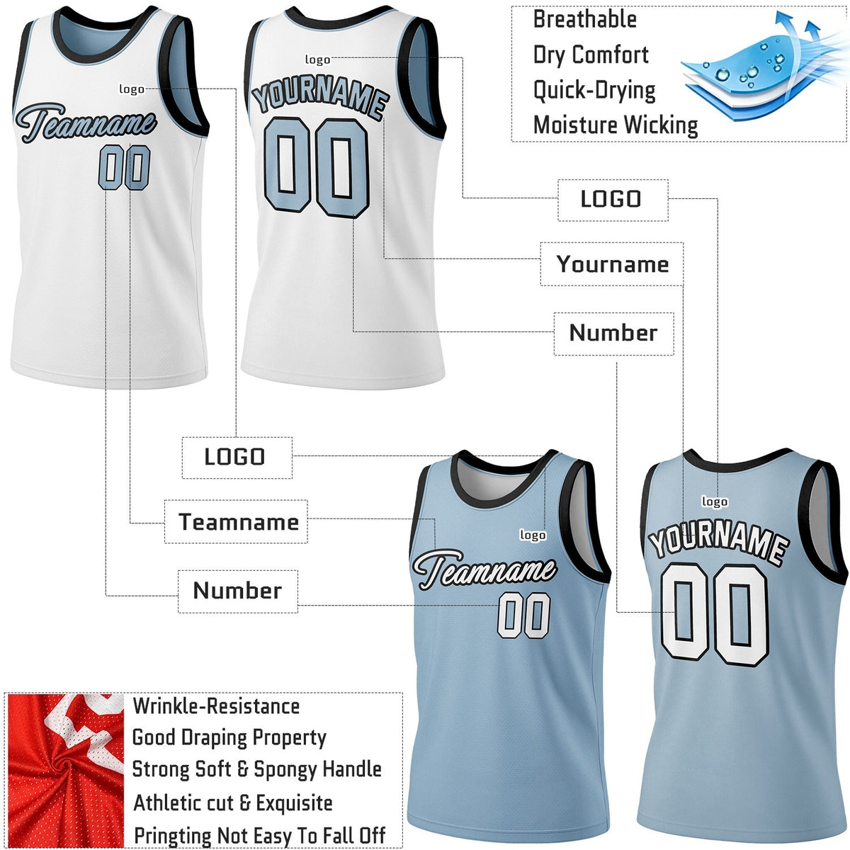 Custom Reversible Light Blue & White Basketball Jersey | Personalized Team Jersey | Vosoli