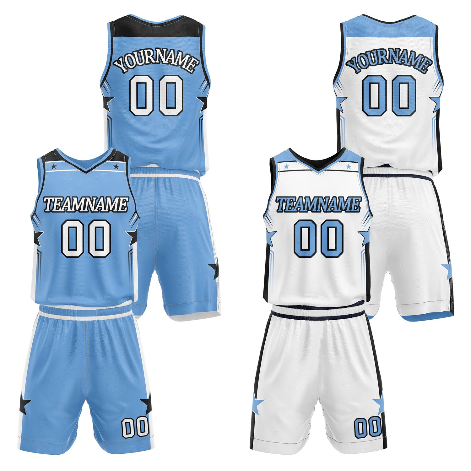 Custom reversible light blue & white basketball uniform set, personalized with team name number and logo, breathable mesh fabric for men women youth game practice - Vosoli