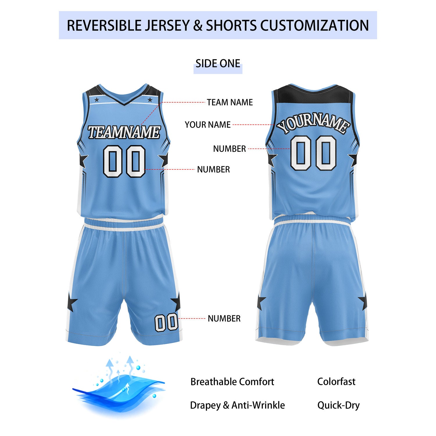 Custom reversible light blue & white basketball uniform set, personalized with team name number and logo, breathable mesh fabric for men women youth game practice - Vosoli