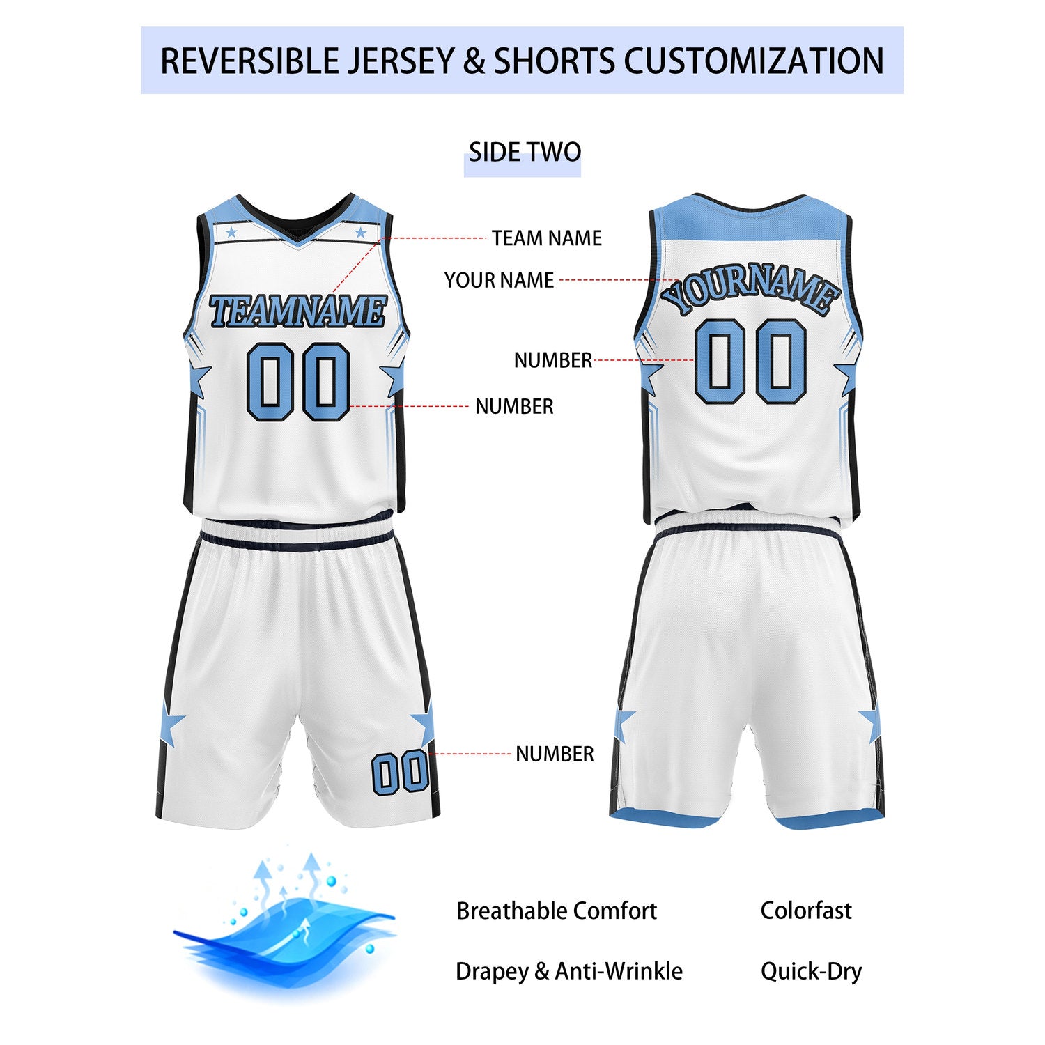 Custom Reversible Light Blue White Star Basketball Uniform Set | Team Name & Number - Vosoli