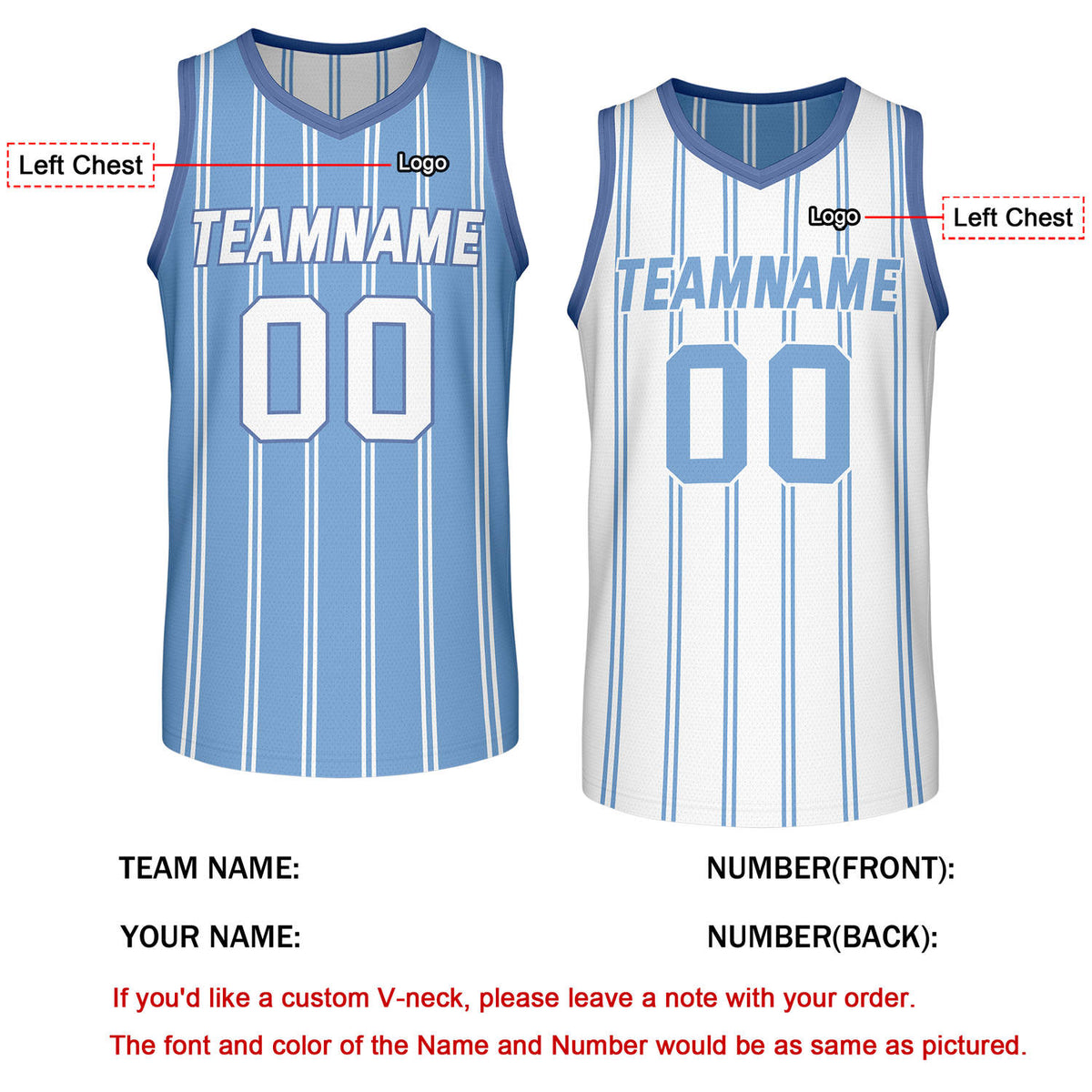 Custom Reversible Light Blue White Striped Basketball Jersey | Team Name & Number - Vosoli