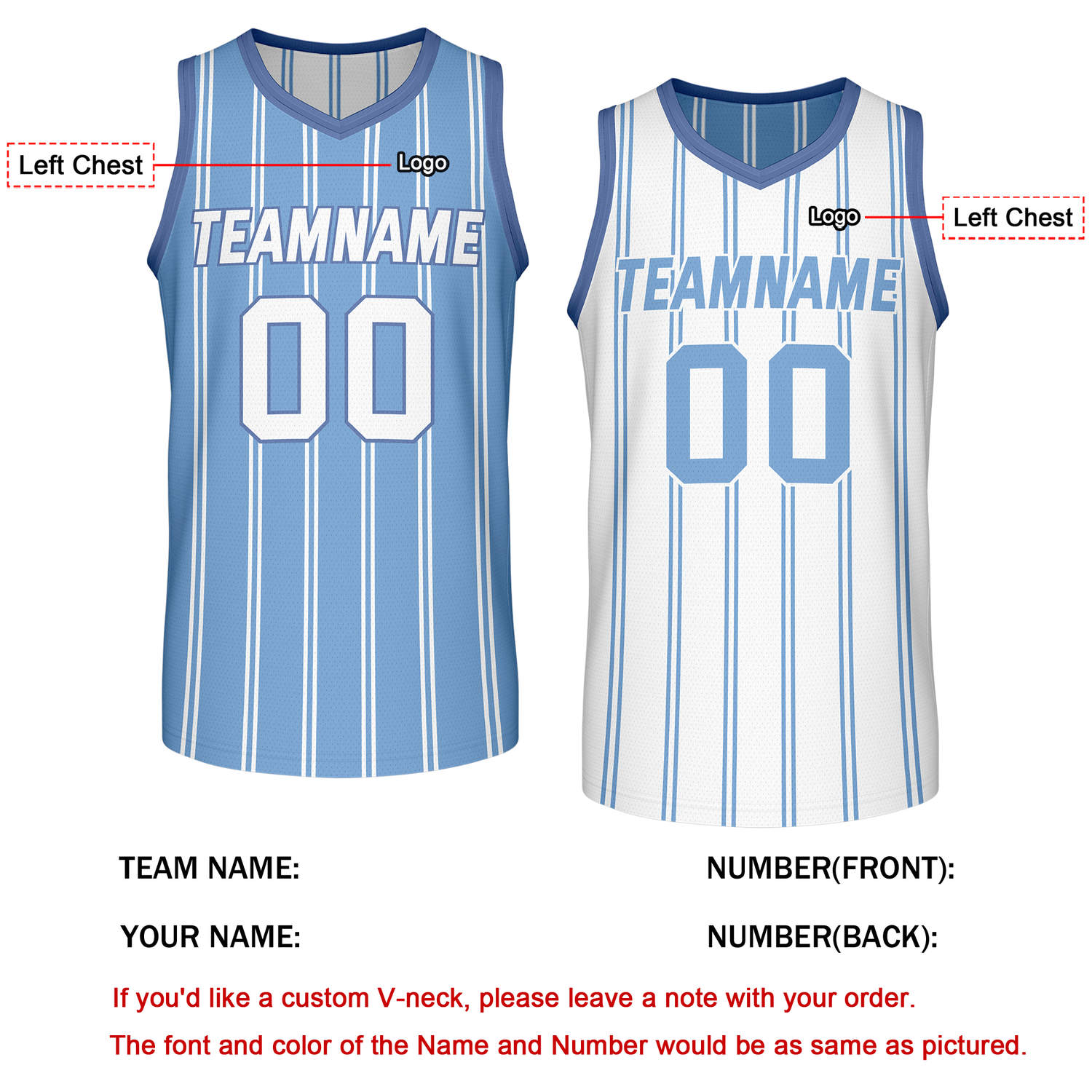 Custom Reversible Light Blue White Striped Basketball Jersey | Team Name & Number - Vosoli
