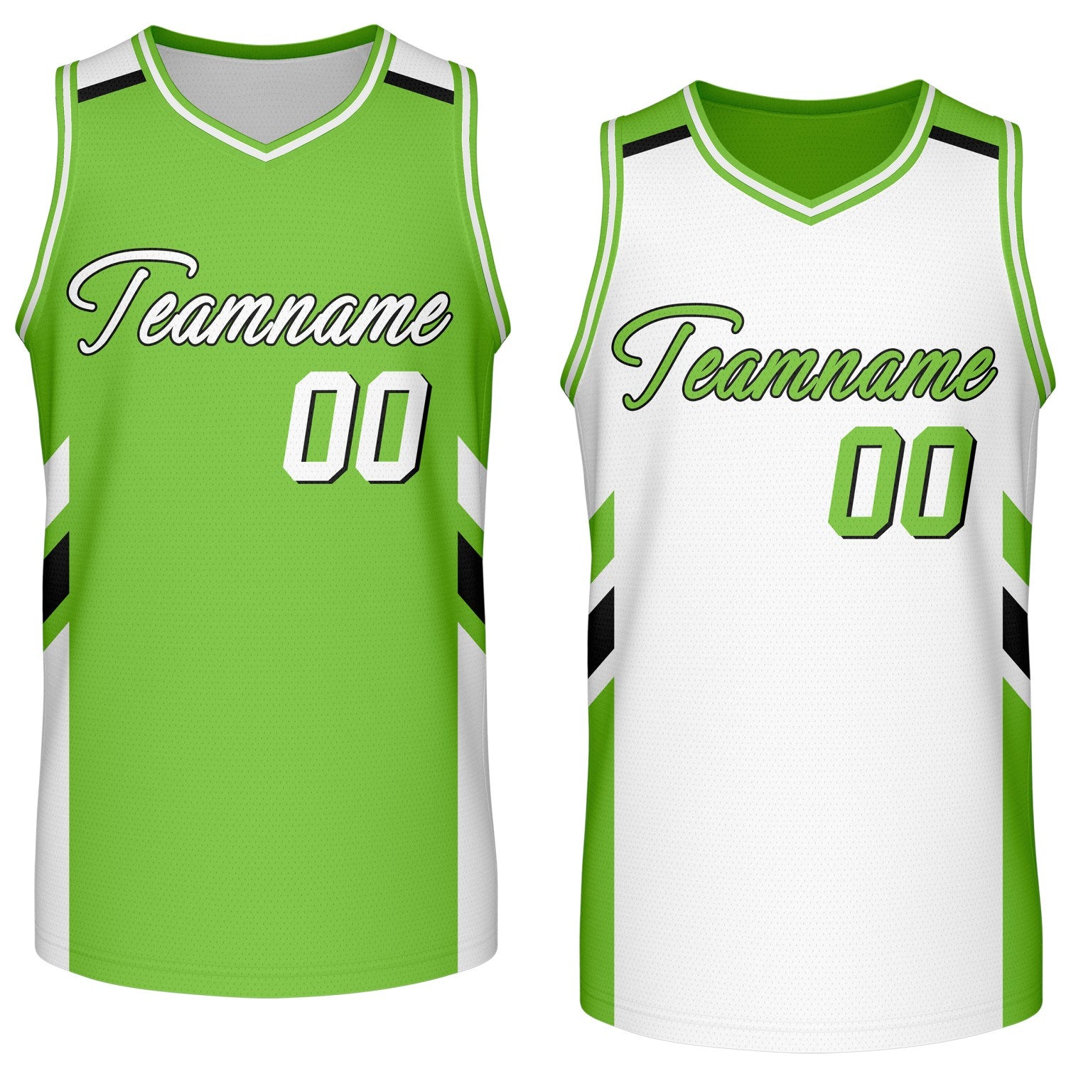 Custom reversible lime green white basketball jersey, personalized team name number logo breathable mesh sports top for men women youth game practice wear - Vosoli