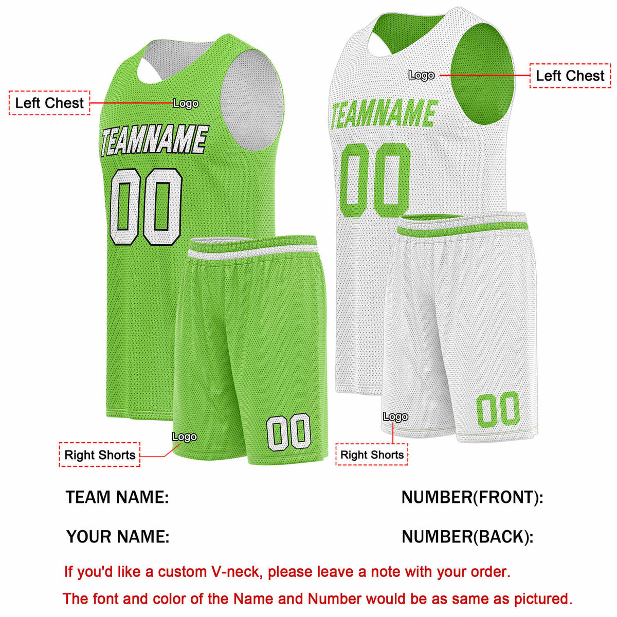 Custom Reversible Lime Green White Basketball Uniform Set | Team Name & Number - Vosoli