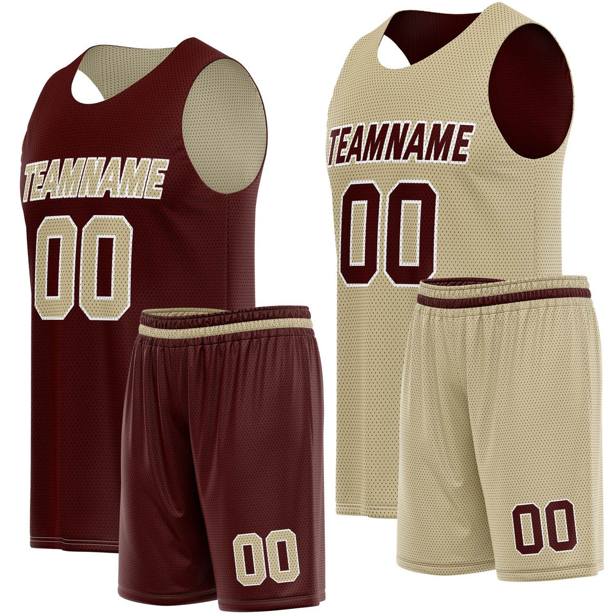 Custom Reversible Maroon Beige Basketball Jersey Shorts Set, Personalized Team Name Number, Breathable Mesh Uniform for Men Women Youth