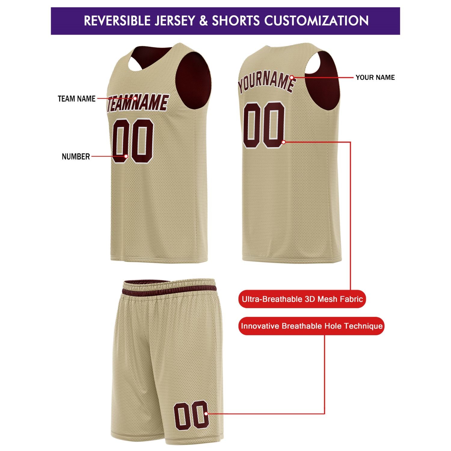 Custom Reversible Maroon Beige Basketball Jersey Shorts Set, Personalized Team Name Number, Breathable Mesh Uniform for Men Women Youth