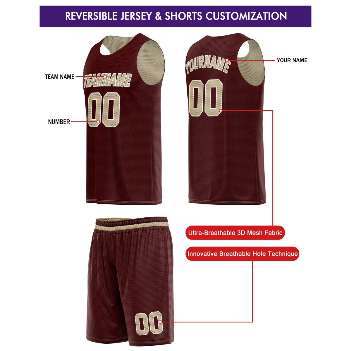 Custom Reversible Maroon Beige Basketball Jersey & Shorts Set | Personalized Team Kit | Vosoli