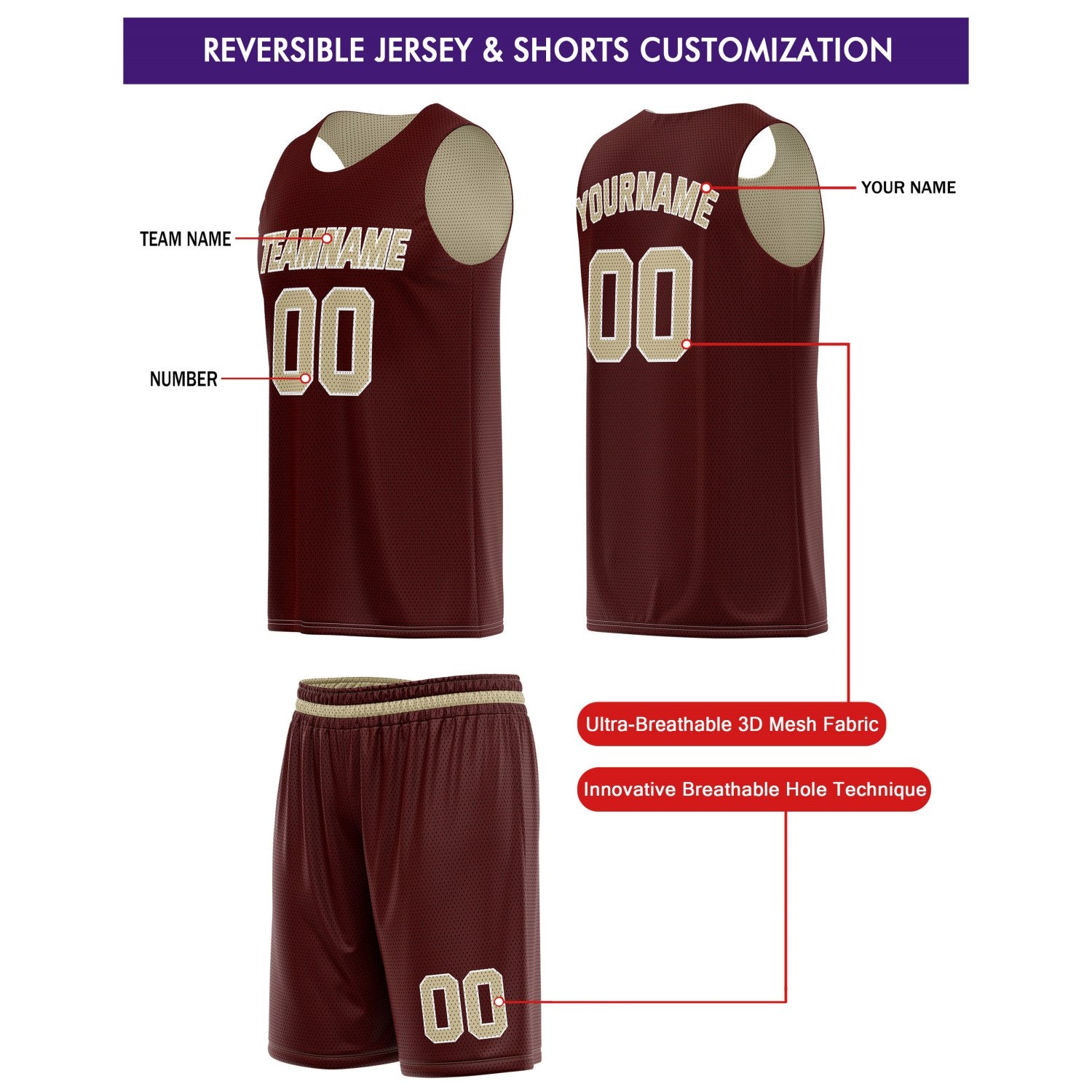 Custom Reversible Maroon Beige Basketball Jersey & Shorts Set | Personalized Team Kit | Vosoli