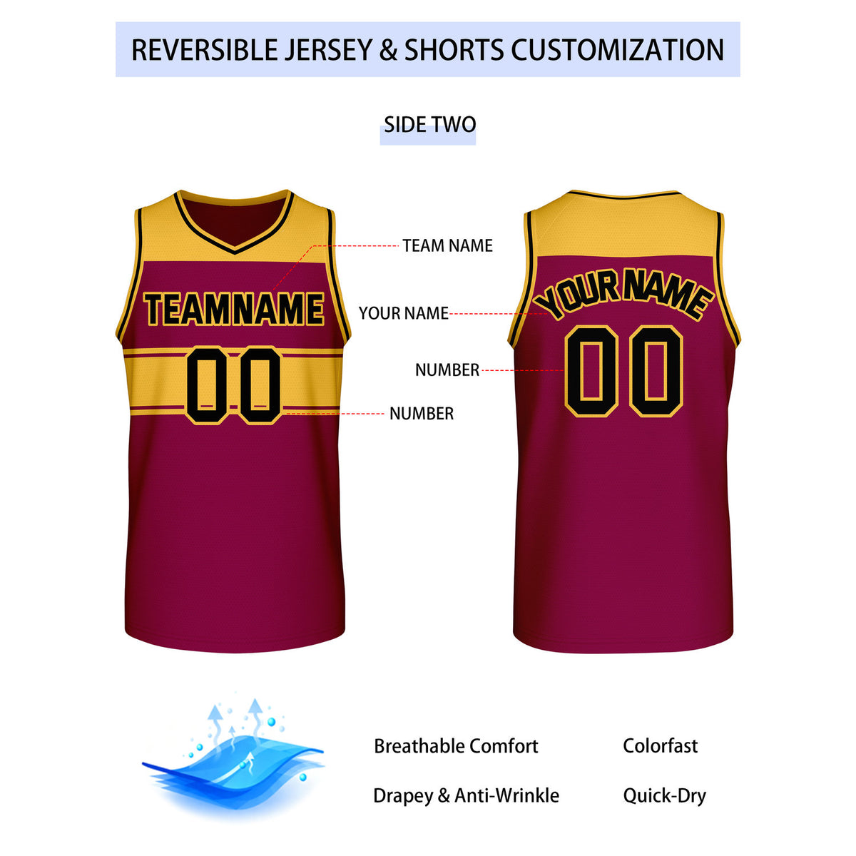 Custom Reversible Maroon Gold Block Basketball Jersey | Team & Player Name - Vosoli