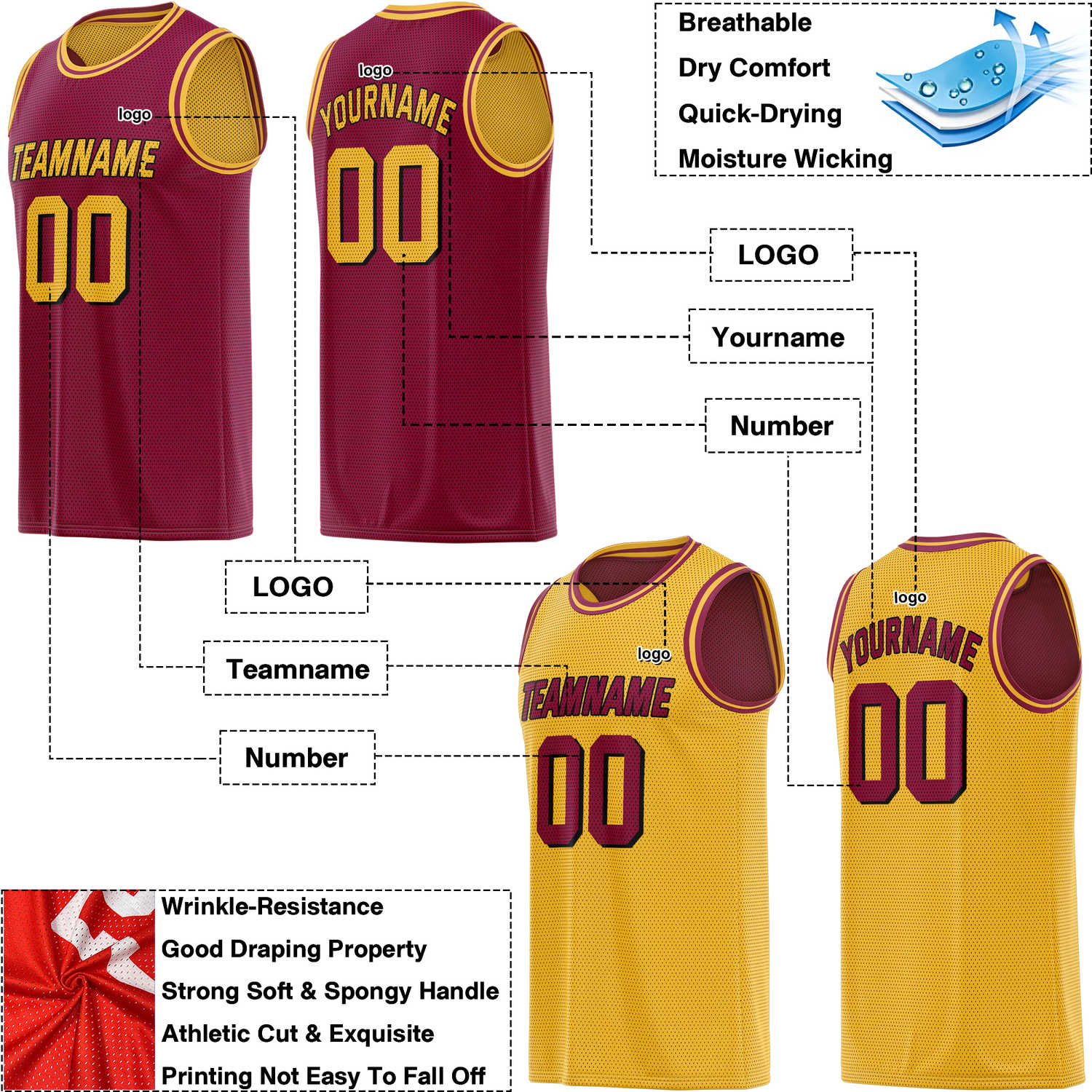 Custom reversible maroon gold basketball jersey, personalized team name number Logo breathable Mesh sports top for men women youth game practice - Vosoli