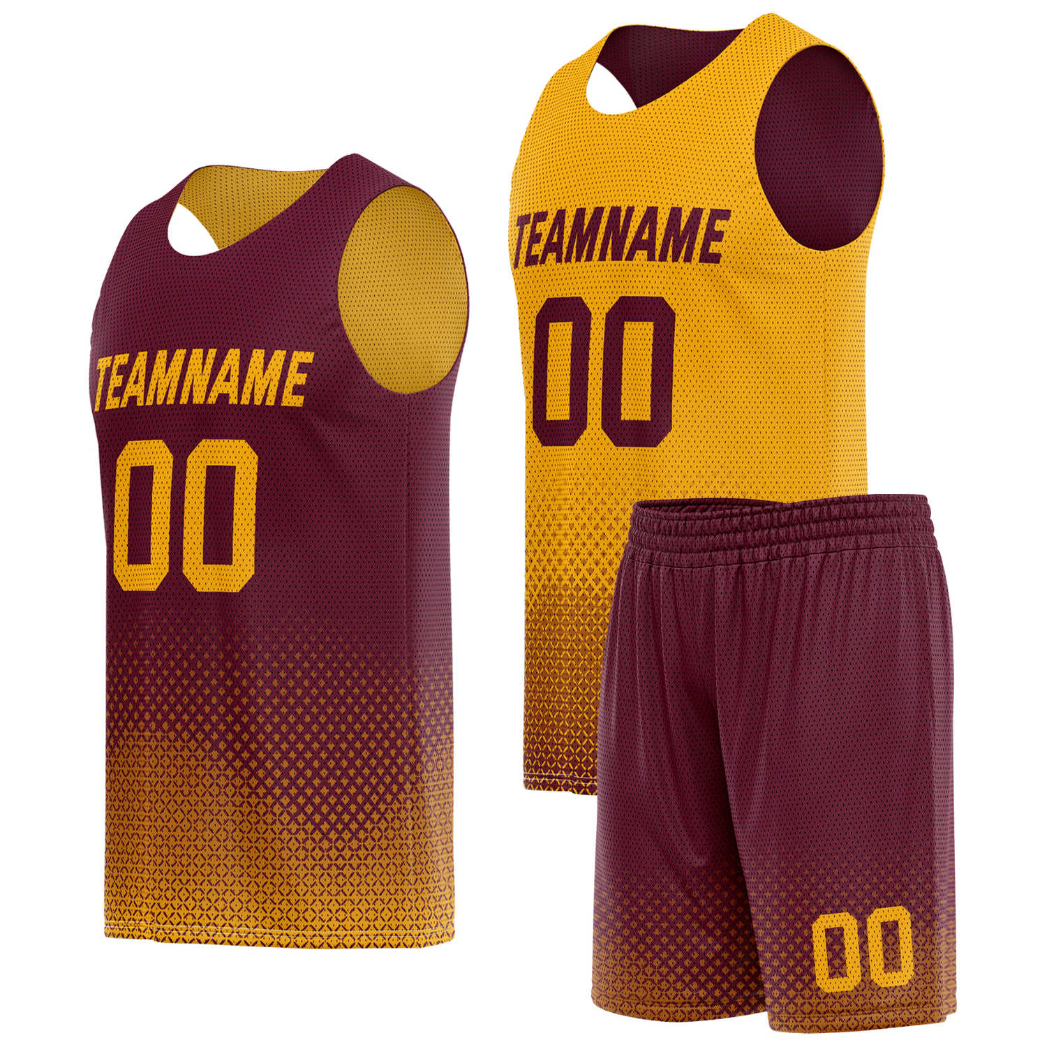 Custom reversible maroon gold basketball uniform, personalized team name number logo breathable Mesh sports set for men women youth game practice wear - Vosoli