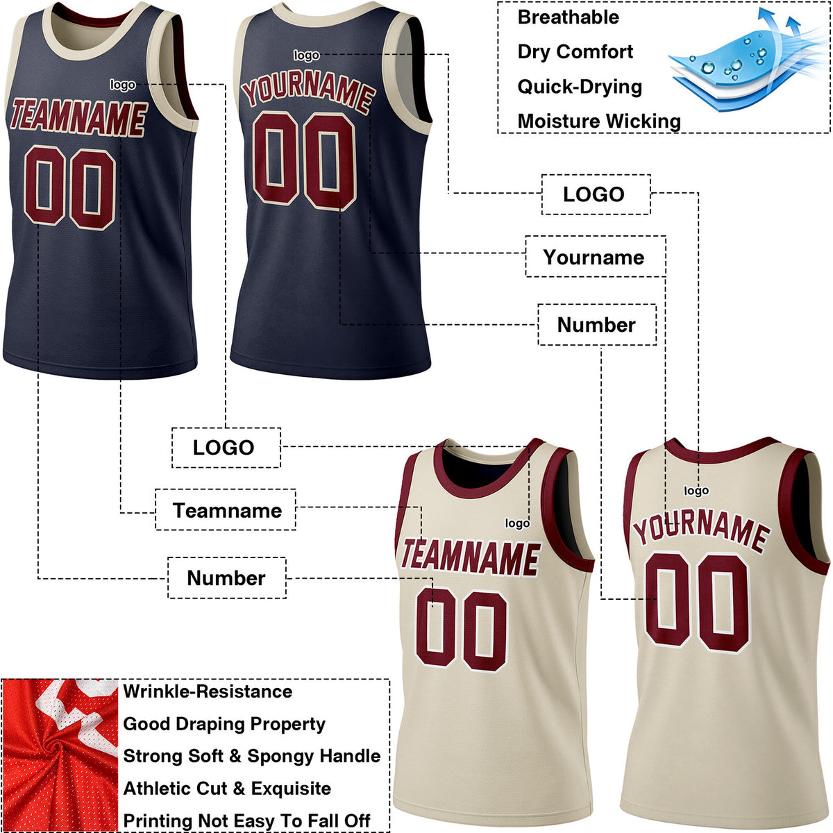 Custom Reversible Navy & Beige Basketball Jersey | Personalized Team Jersey | Vosoli