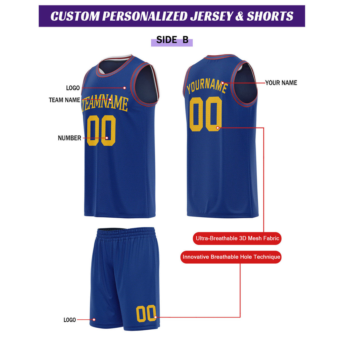 Custom Reversible Navy & Royal Blue Basketball Uniform Set | Personalized for Team Sports Practice - Vosoli