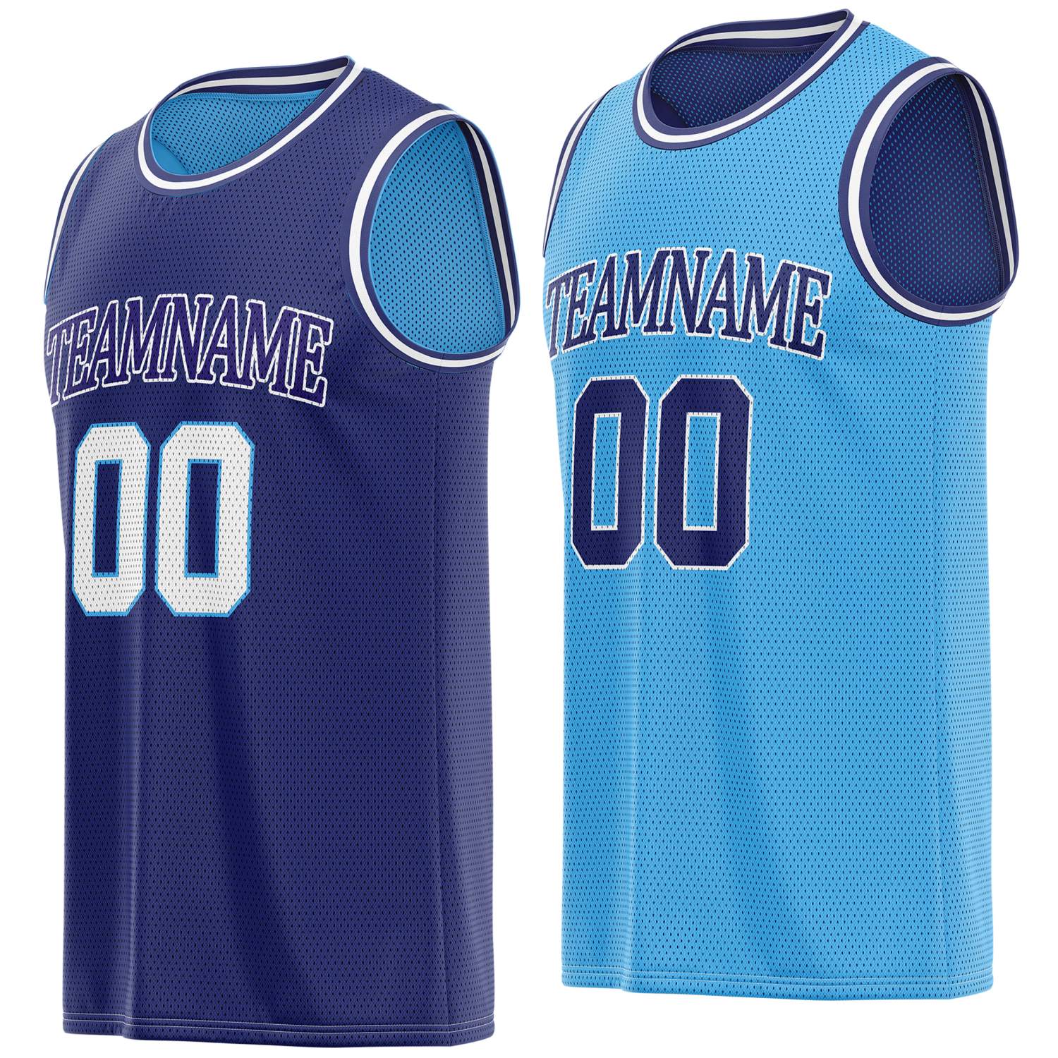 Custom reversible navy & light blue basketball jersey, personalized team name number logo breathable mesh sports top for men women youth game practice - Vosoli
