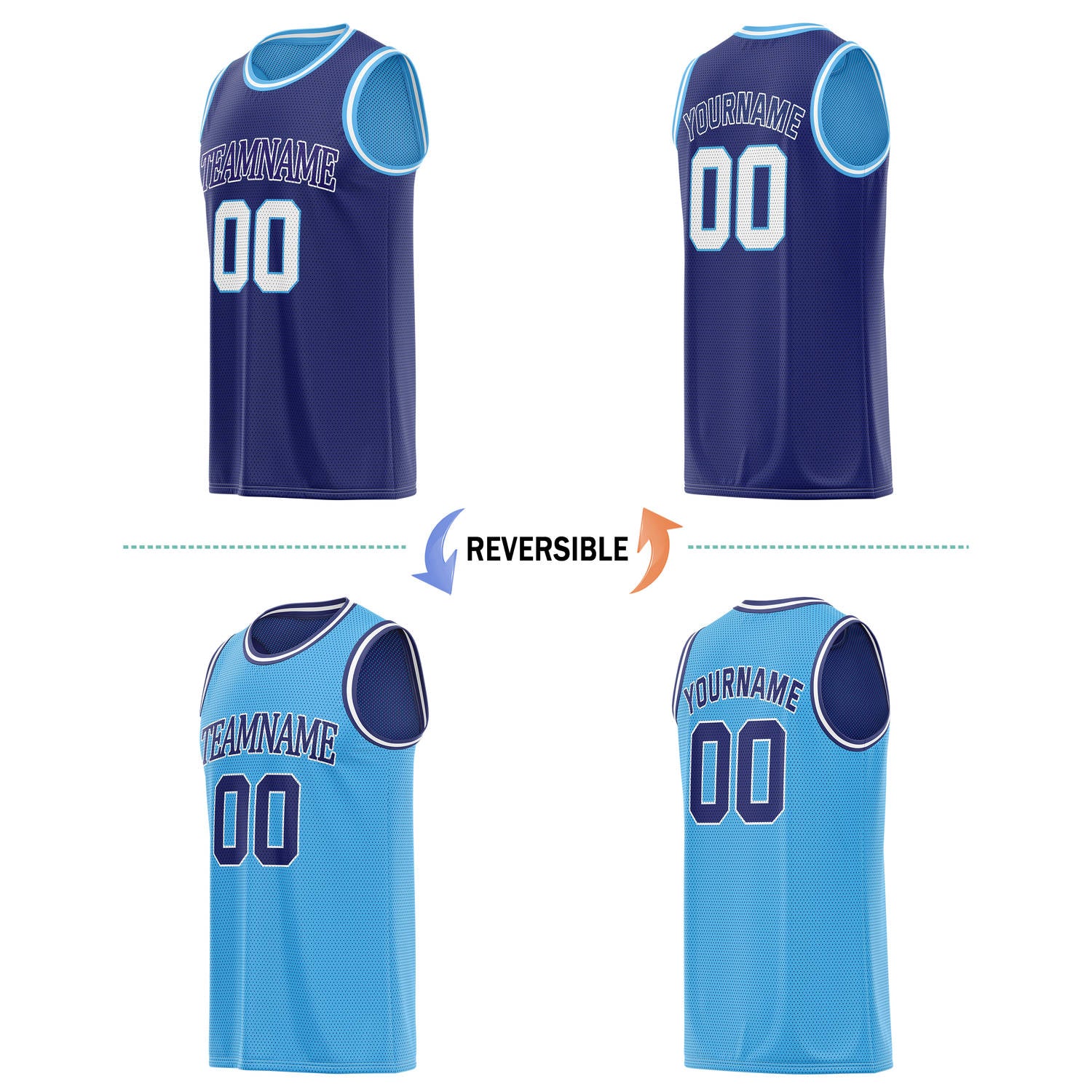 Custom reversible navy & light blue basketball jersey, personalized team name number logo breathable mesh sports top for men women youth game practice - Vosoli