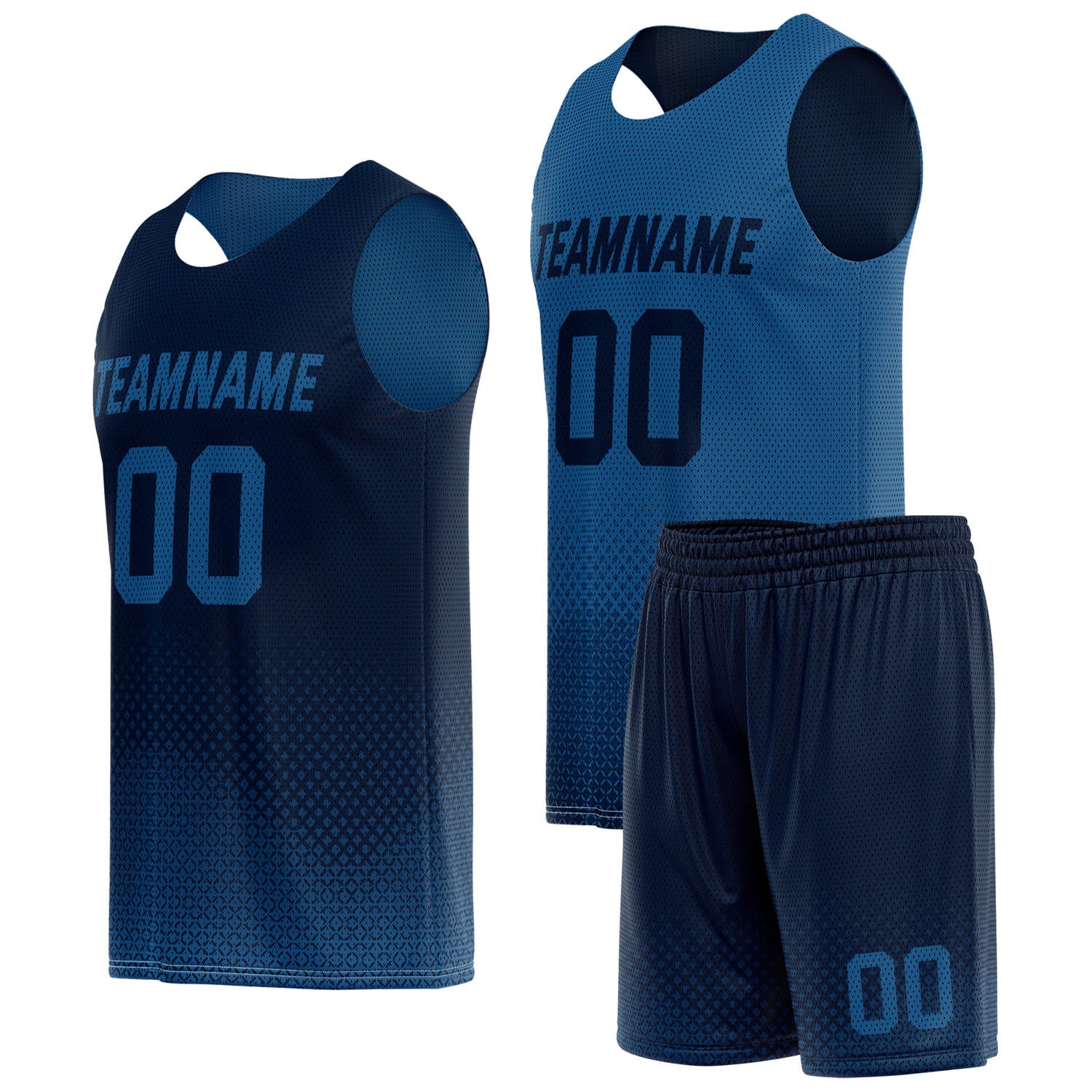 Custom reversible navy light blue basketball uniform, personalized team name number logo breathable Mesh sports set for men women youth game practice wear - Vosoli