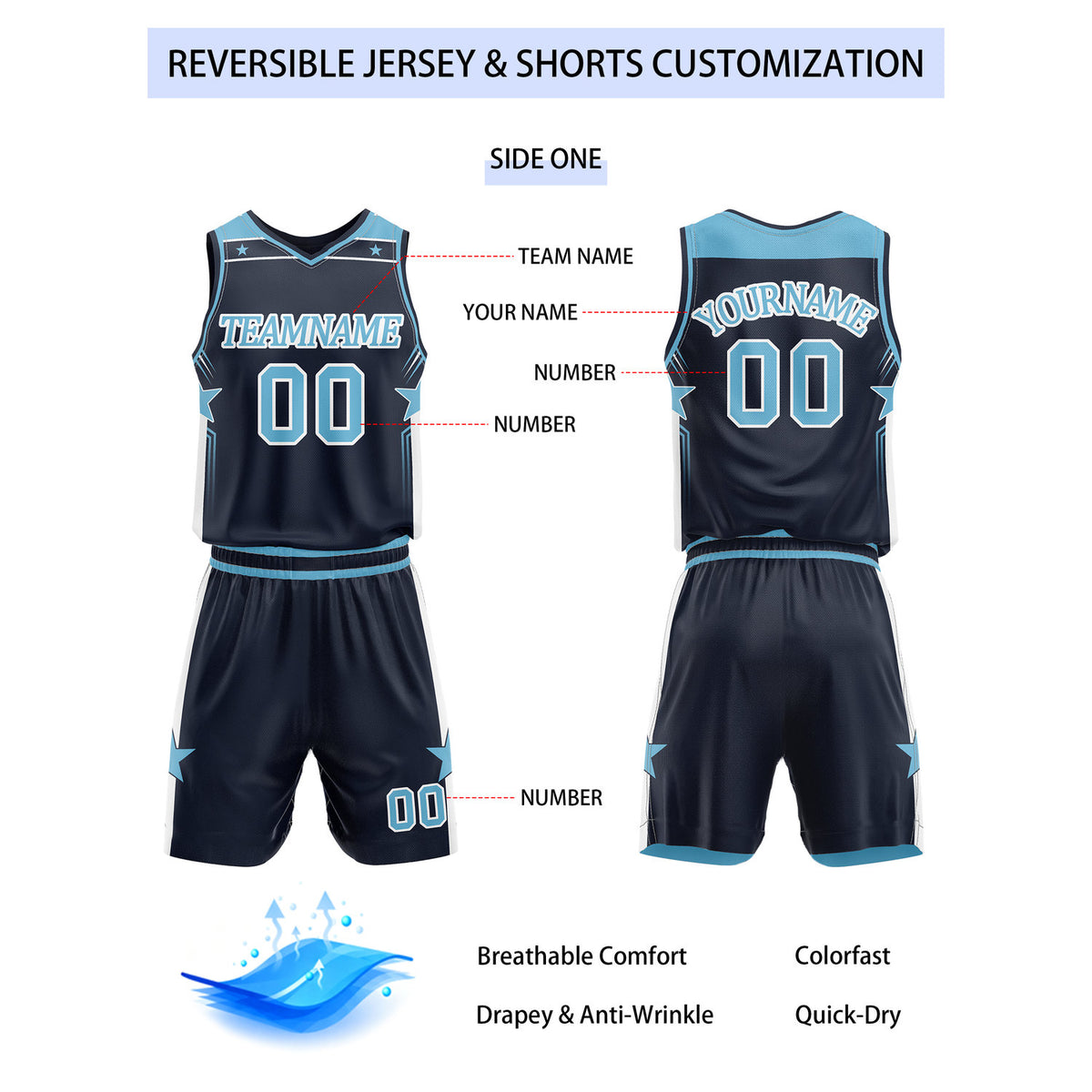 Custom Reversible Navy Blue Star Basketball Uniform Set | Team Name & Number - Vosoli