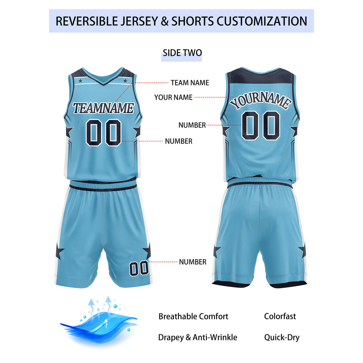 Custom Reversible Navy Blue Star Basketball Uniform Set | Team Name & Number - Vosoli