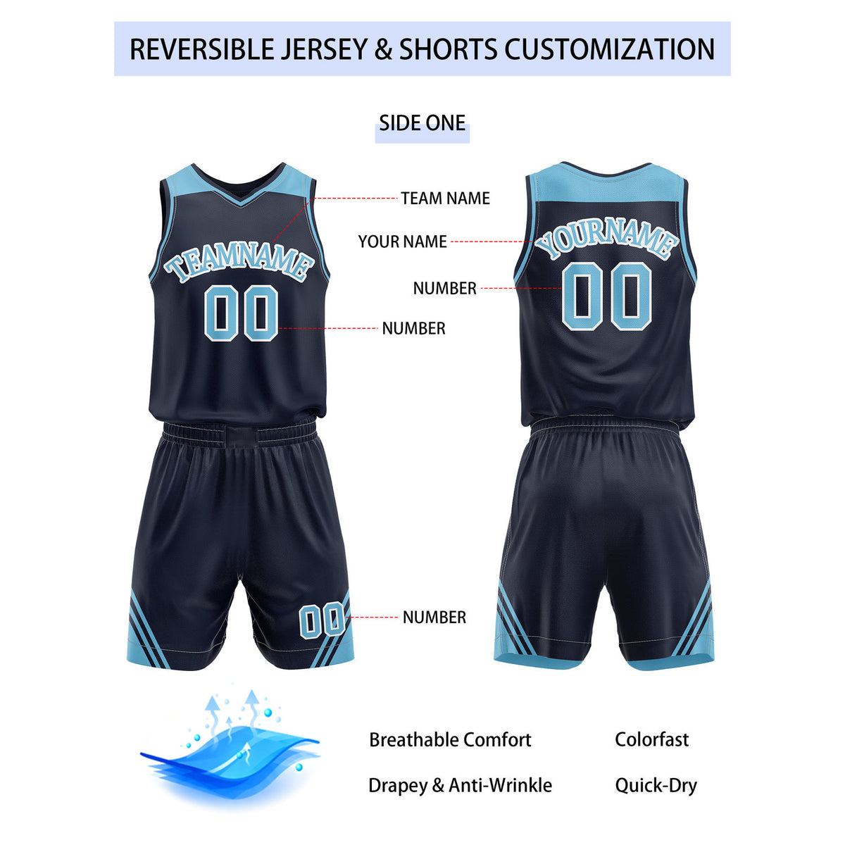 Custom Reversible Navy Blue Turquoise Basketball Uniform Set | Team Name & Number - Vosoli