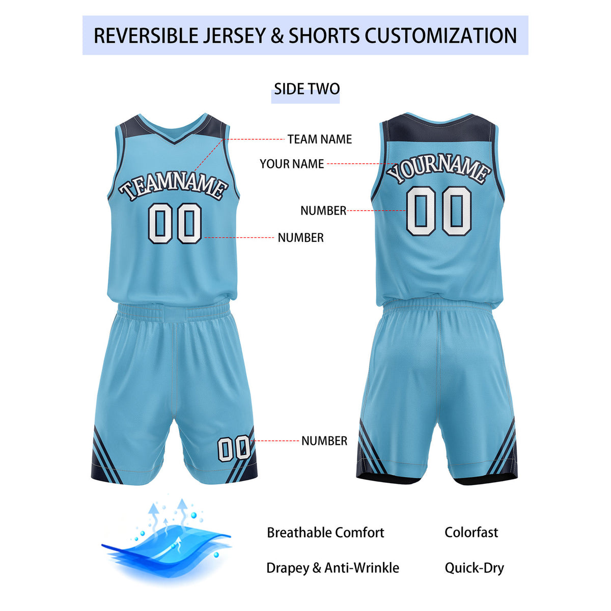 Custom Reversible Navy Blue Turquoise Basketball Uniform Set | Team Name & Number - Vosoli