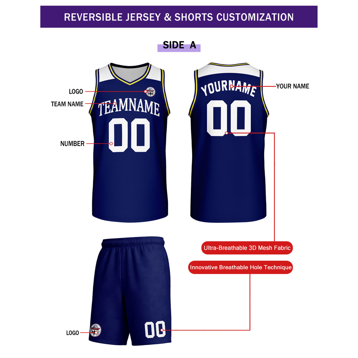 Custom Reversible Navy Blue White Basketball Uniform Set | Team Name & Number - Vosoli