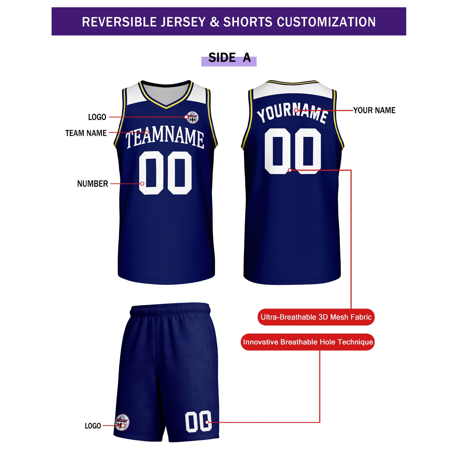 Custom Reversible Navy Blue White Basketball Uniform Set | Team Name & Number - Vosoli