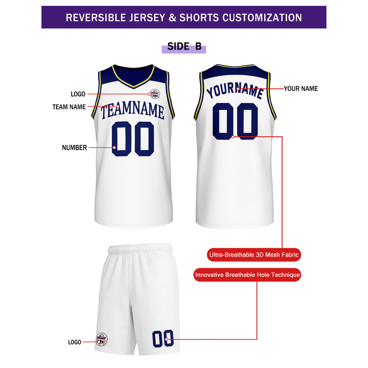 Custom Reversible Navy Blue White Basketball Uniform Set | Team Name & Number - Vosoli
