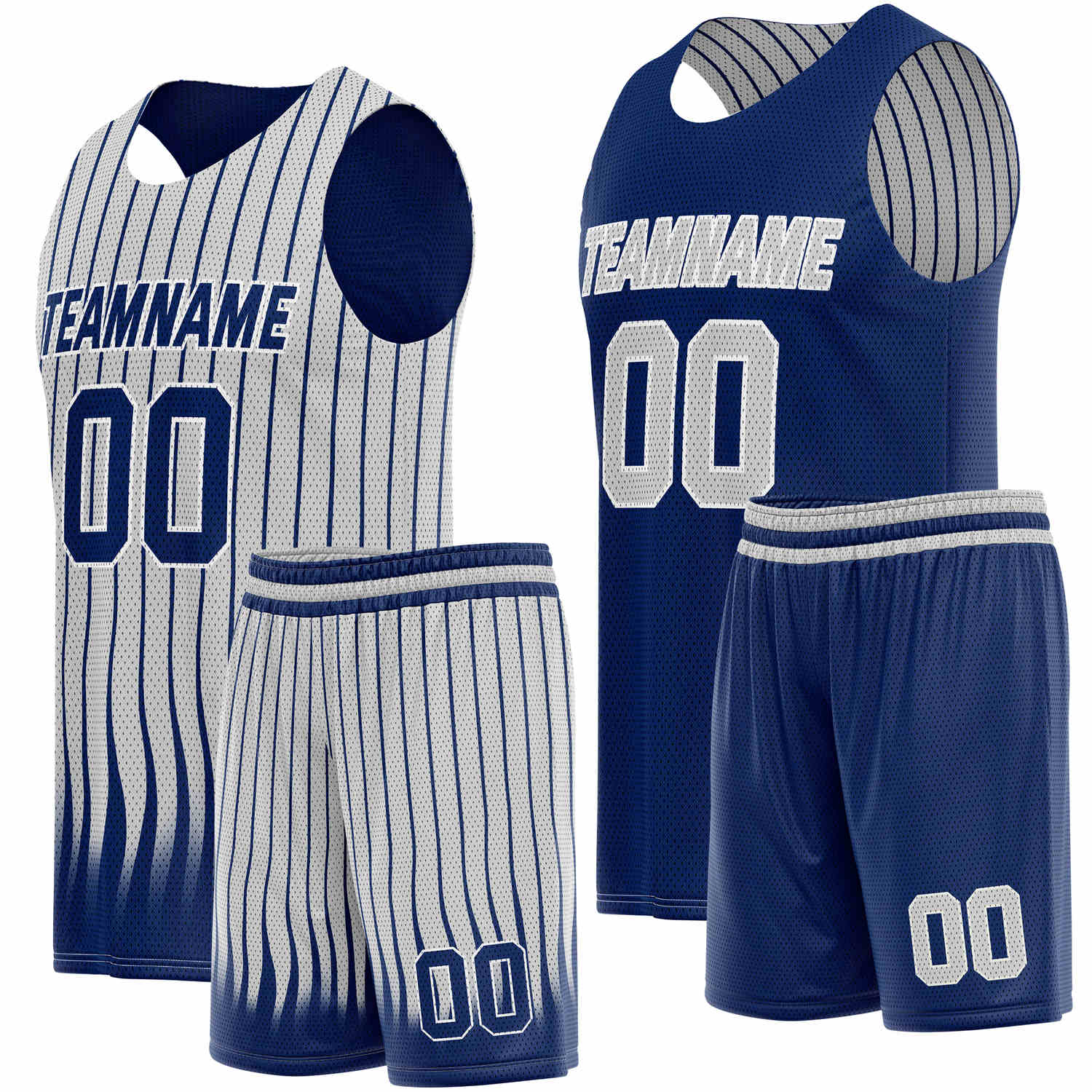 Custom Reversible Basketball Jersey + Shorts Set (Navy Blue & White Stripe) - Personalized Team Name, Number & LOGO | Vosoli