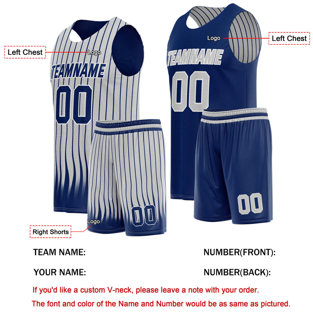 Custom Reversible Basketball Jersey + Shorts Set (Navy Blue & White Stripe) - Personalized Team Name, Number & LOGO | Vosoli