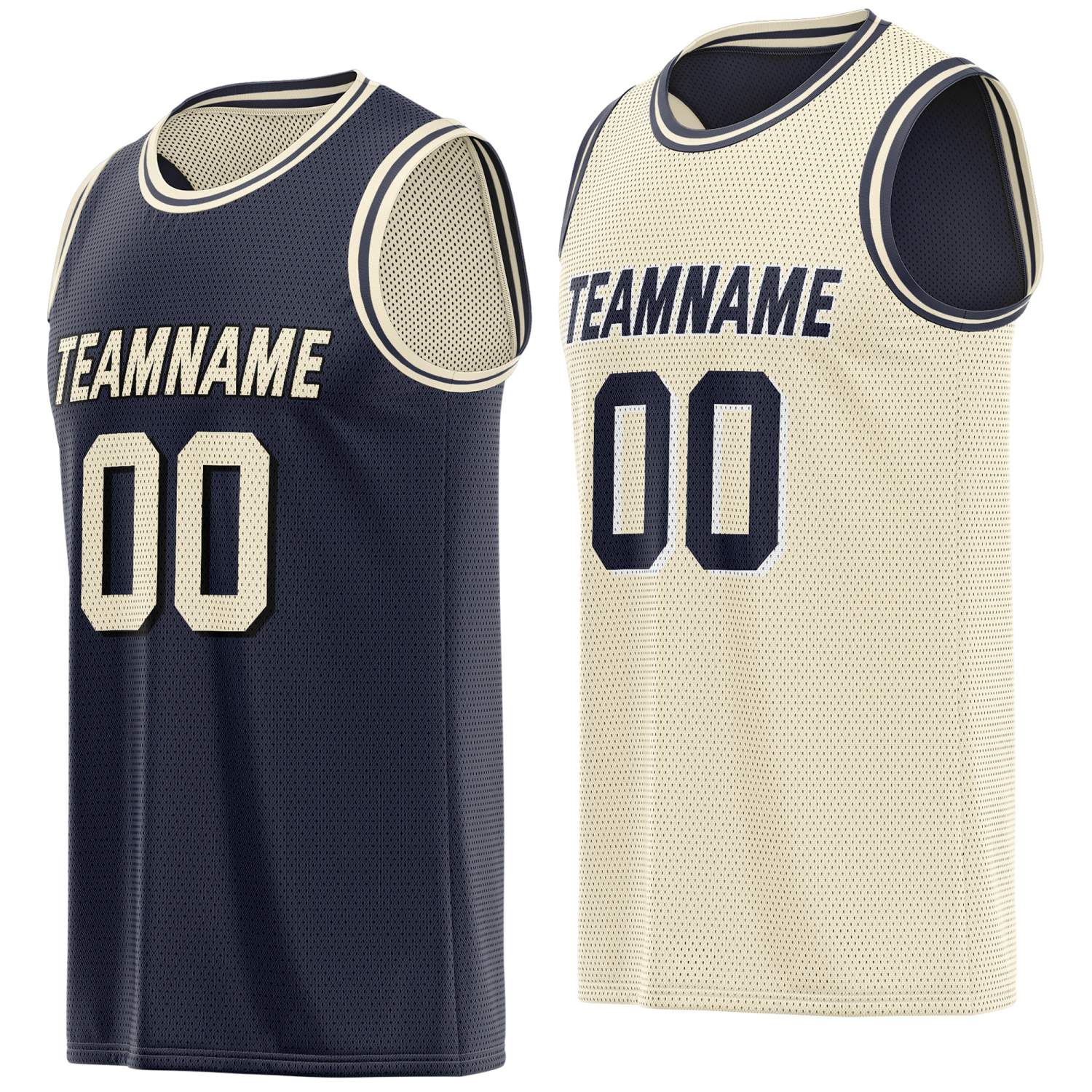 Custom reversible navy cream basketball jersey, personalized team name number Logo breathable Mesh sports top for men women youth game practice - Vosoli